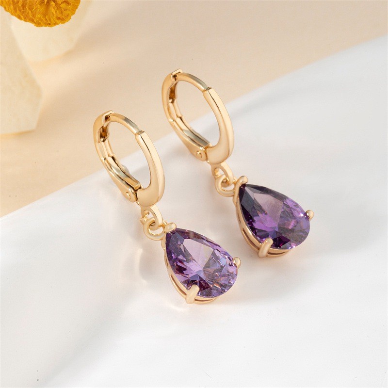 Female earrings water drop zirconium copper inlaid color all-match simple Retro