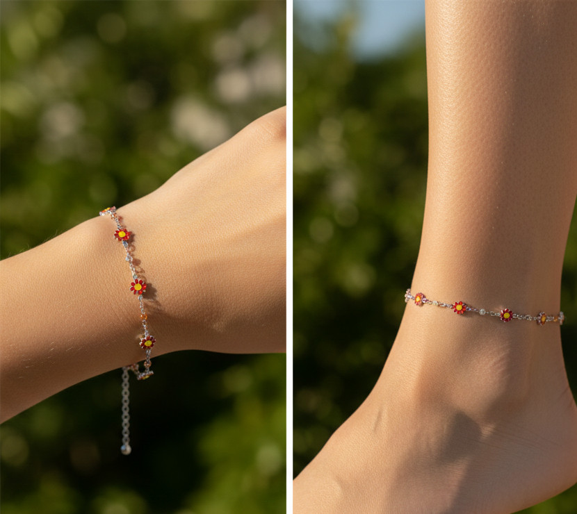 Floral Charm Bracelet 925 Silver Tone Chain Bracelet with Colorful Enamel Dasiy