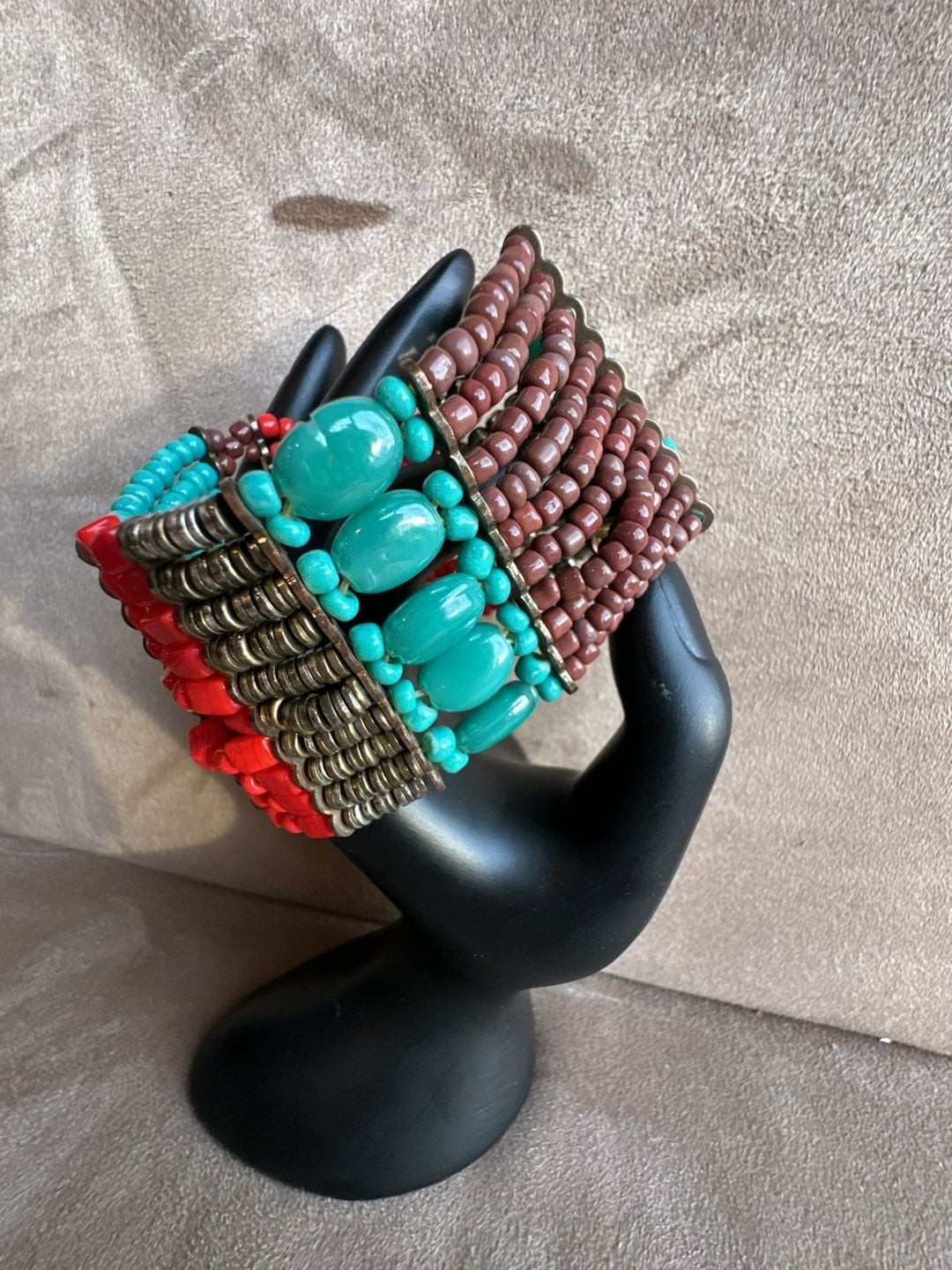 AeraVida Multi-Strand Beaded Cuff Bracelet w/ Simulated Turquoise and Coral