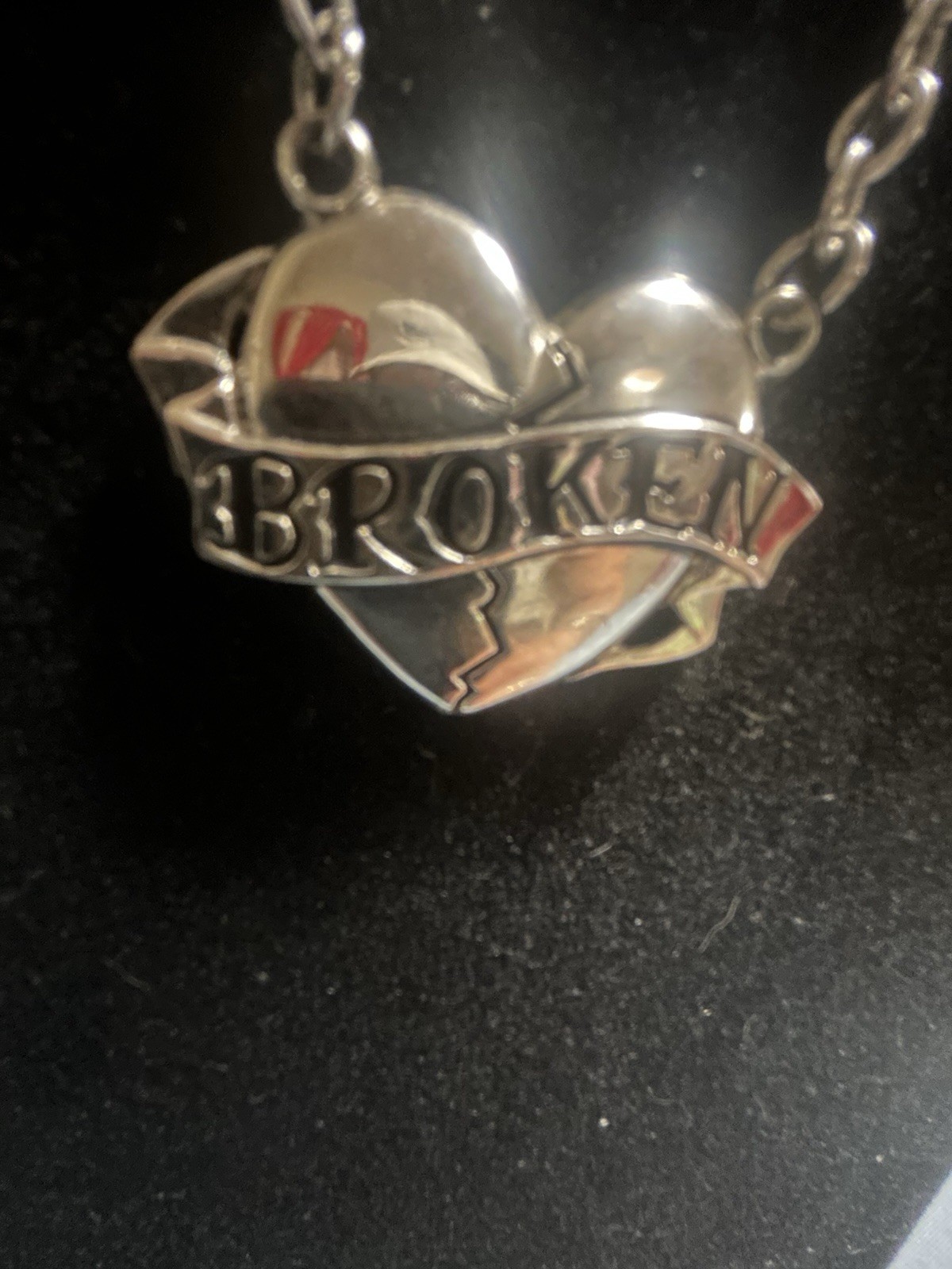 Silver Tone Cable Chain Necklace Broken Heart Charm Pendant Lobster Clasp