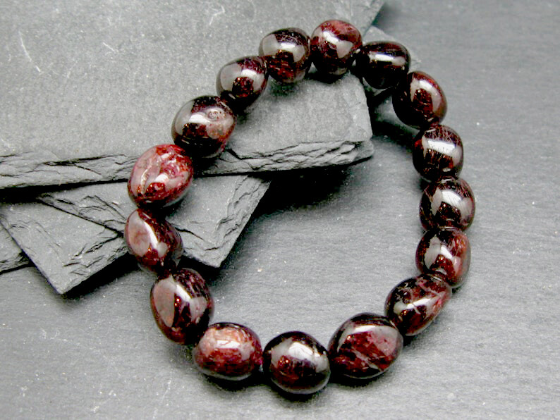 12 mm Red Garnet Bracelet Polished Stone Beads Natural Gemstone Nugget Reiki Hea