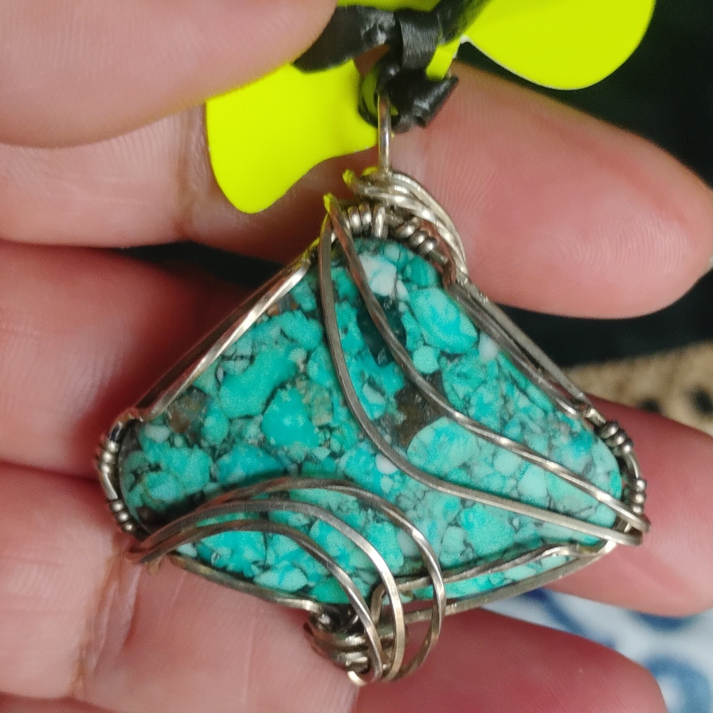 Silver Wire Wrap Turquoise Triangle Charm Pendant, Blue Stone
