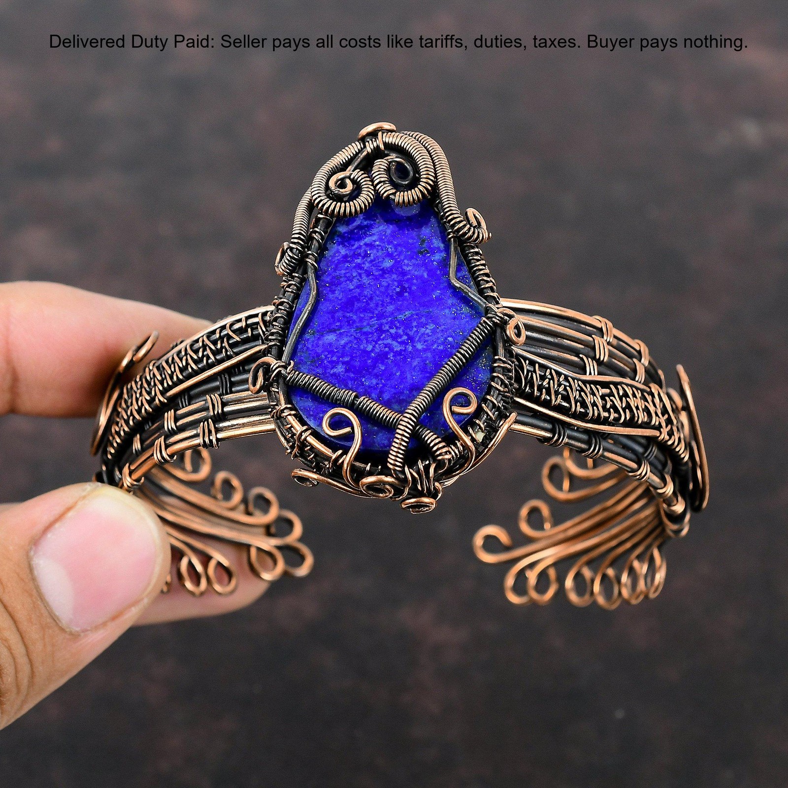 Copper September Lapis Lazuli Gemstone Wire Wrapped Handcrafted Bangle Jewelry