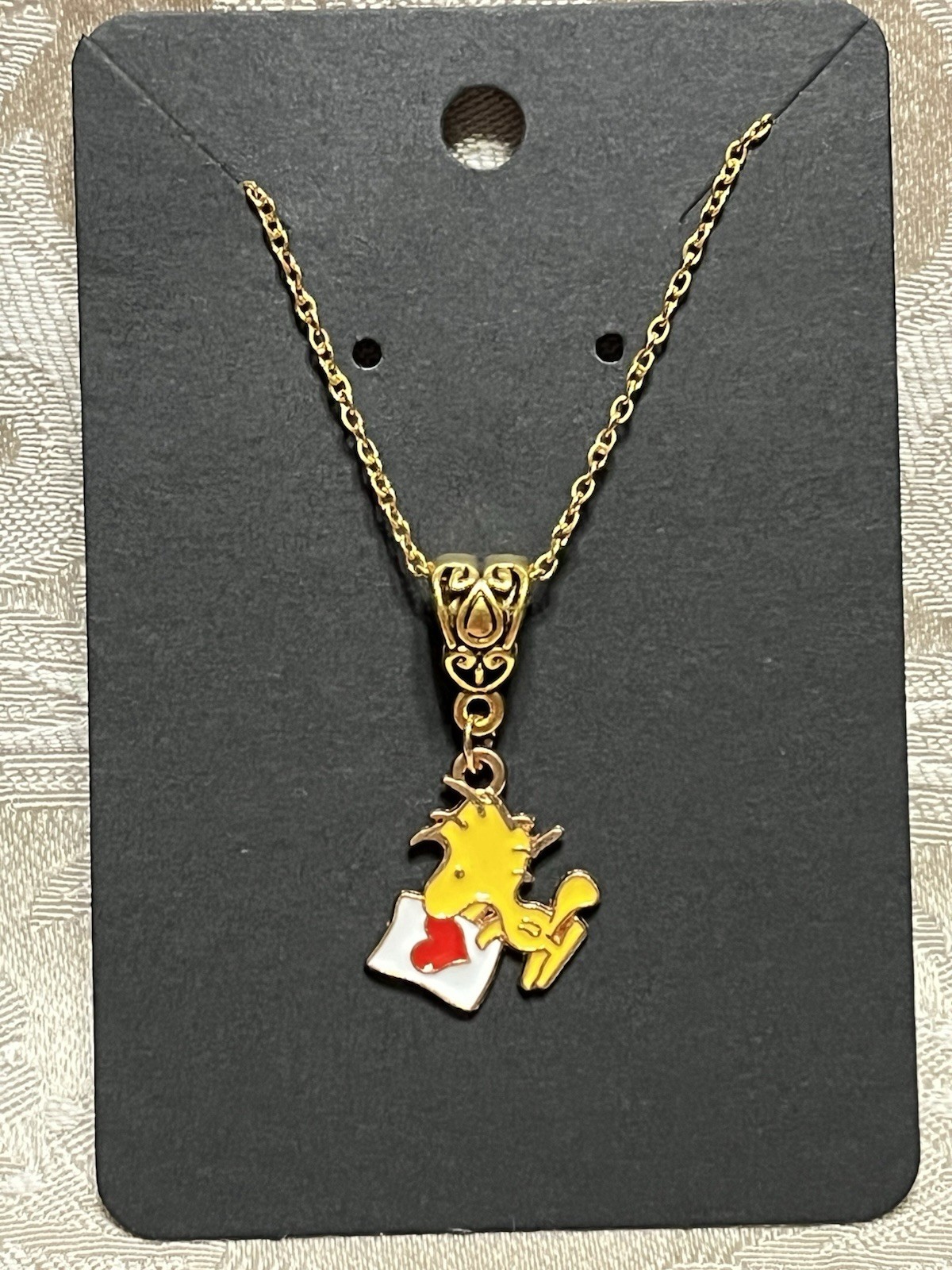 Snoopy Woodstock Heart Adorable Enamel Charm Fashion Fun Boho Gold Necklace 18”