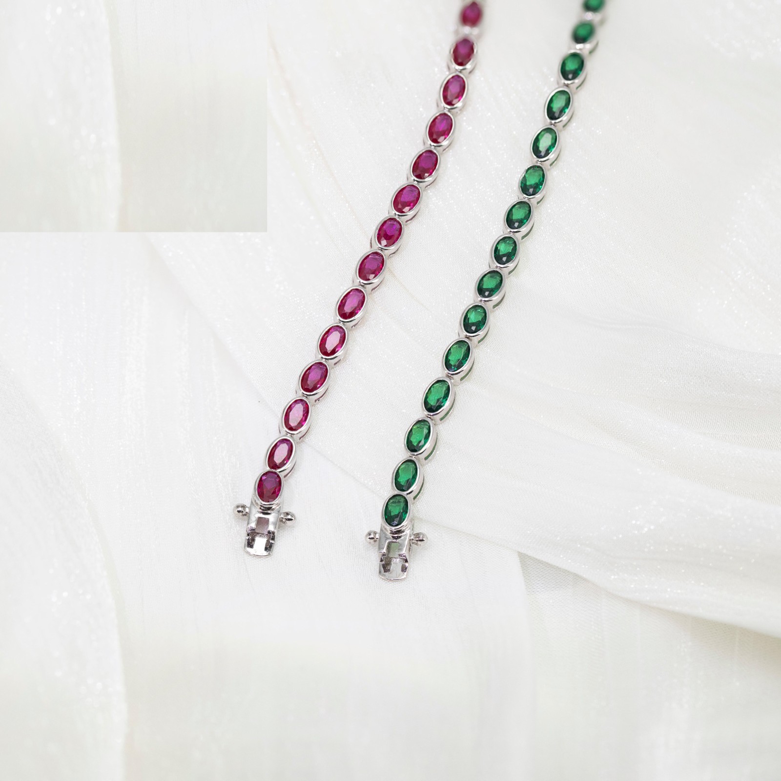 Green Oval Cut Tennis Bracelet Silver Tone Emerald Crystal Link Bracelet Women