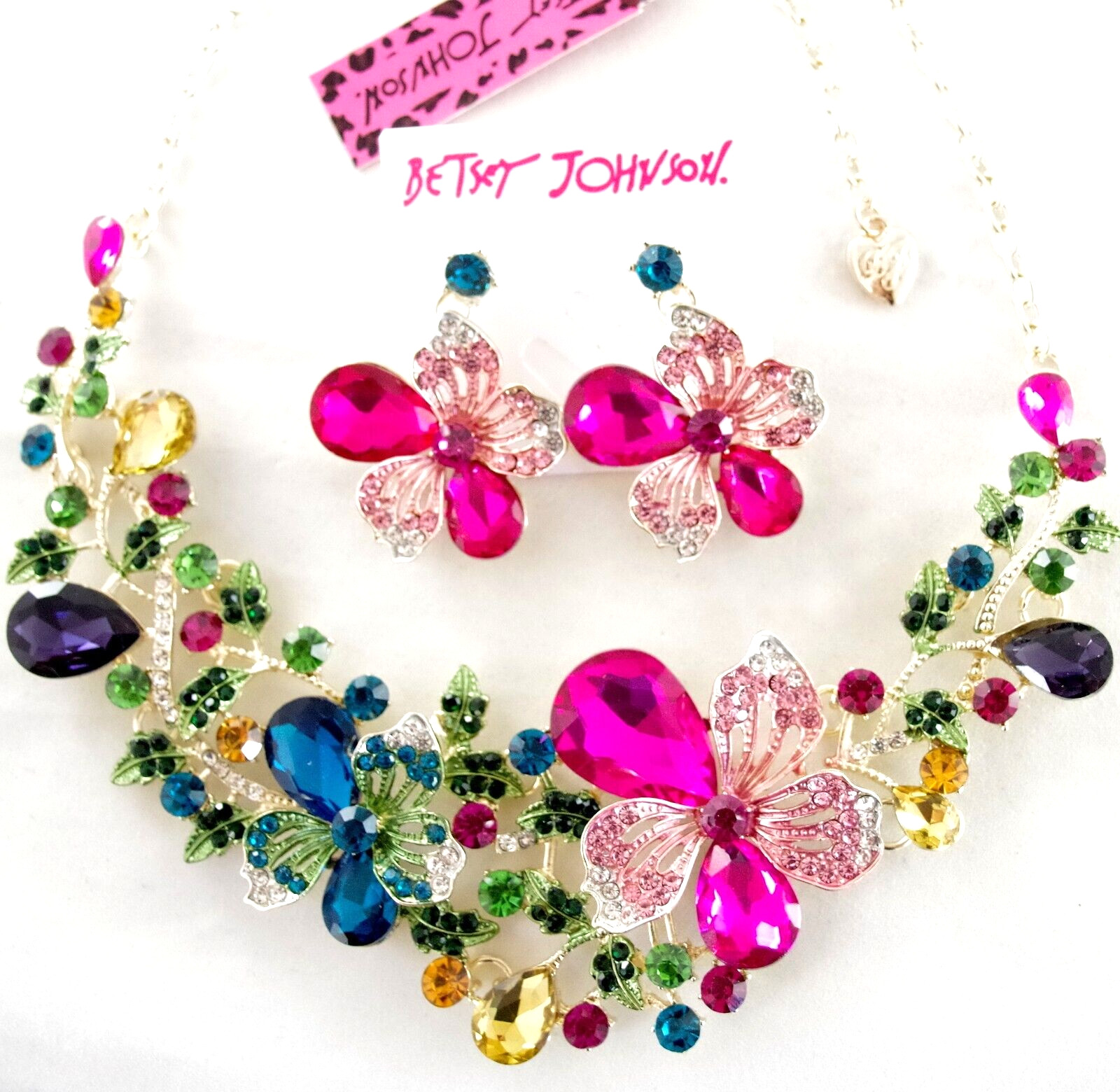 BETSEY JOHNSON MULTICOLOR CRYSTAL FLORAL NECKLACE FLOWER DROP DANGLE EARINGS SET