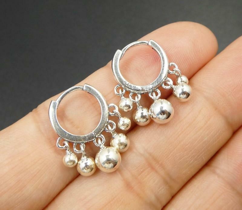 Shiny 925 Sterling Silver Small Hoop Pierced Earrings with Dangling Small Beads