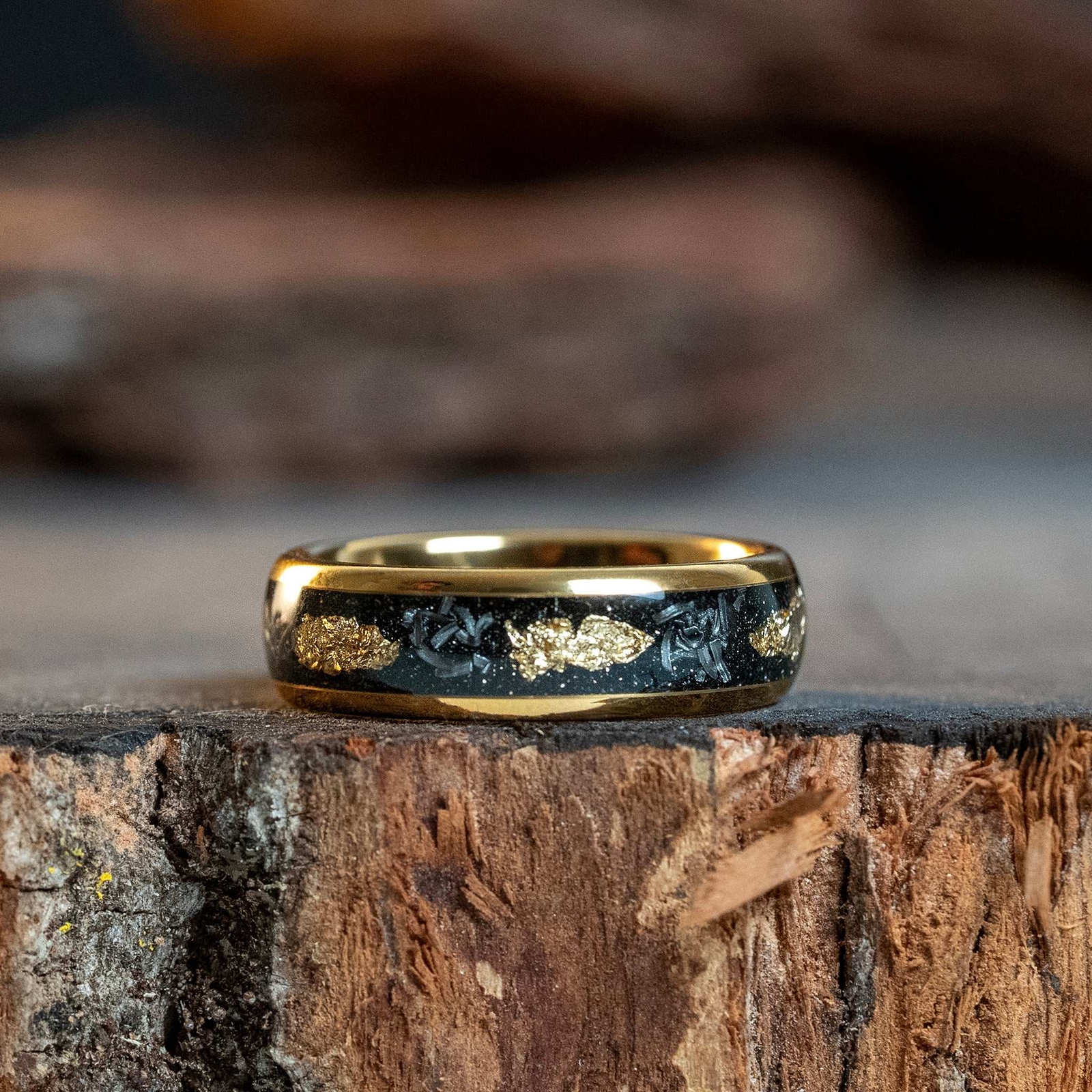 Meteorite Gold Leaf Tungsten Carbide Womens Wedding Ring Delicate 6mm Band
