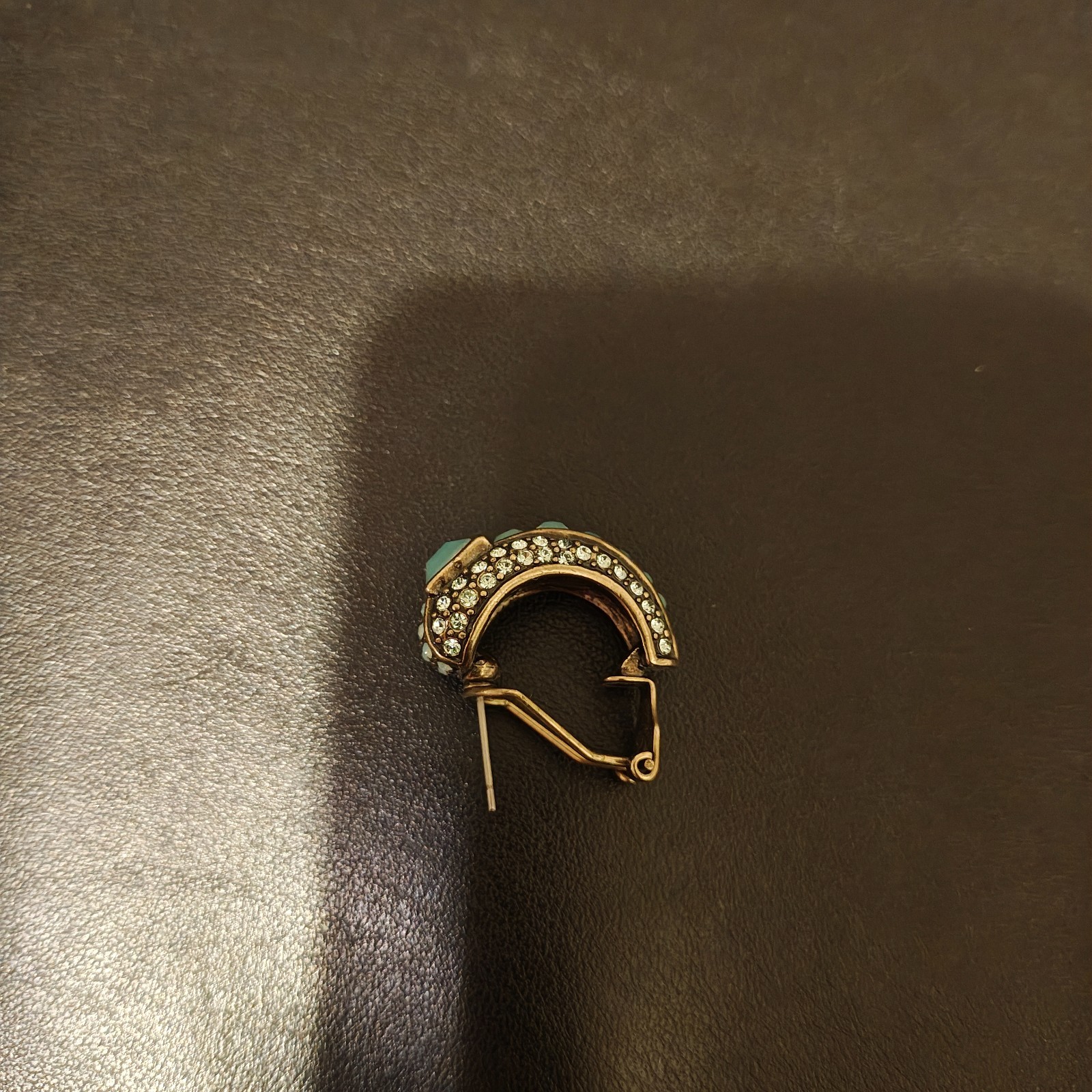 Heidi Daus Signed Bronze Art Deco Hoop Earrings Faux Turquoise Crystal Pair