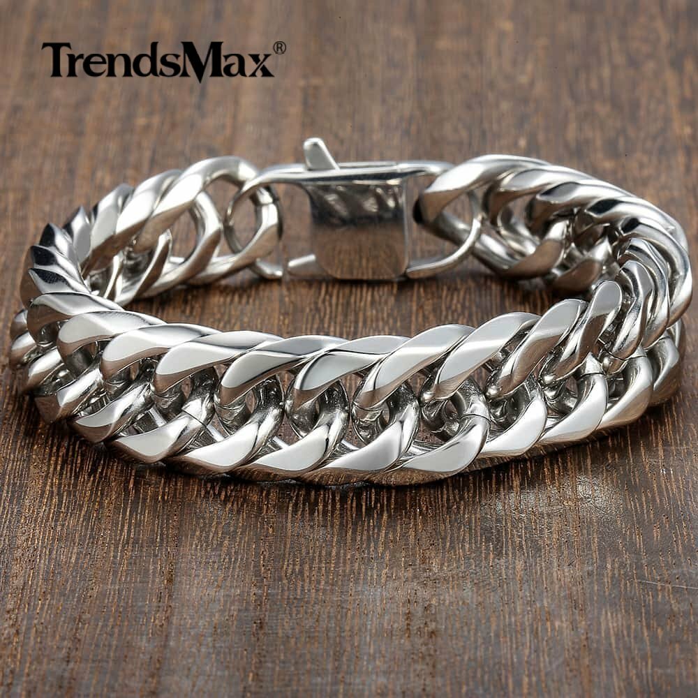 15mm 316L Stainless Steel Mens Chain Curb Cuban Link Bracelet Silver Gold Plated