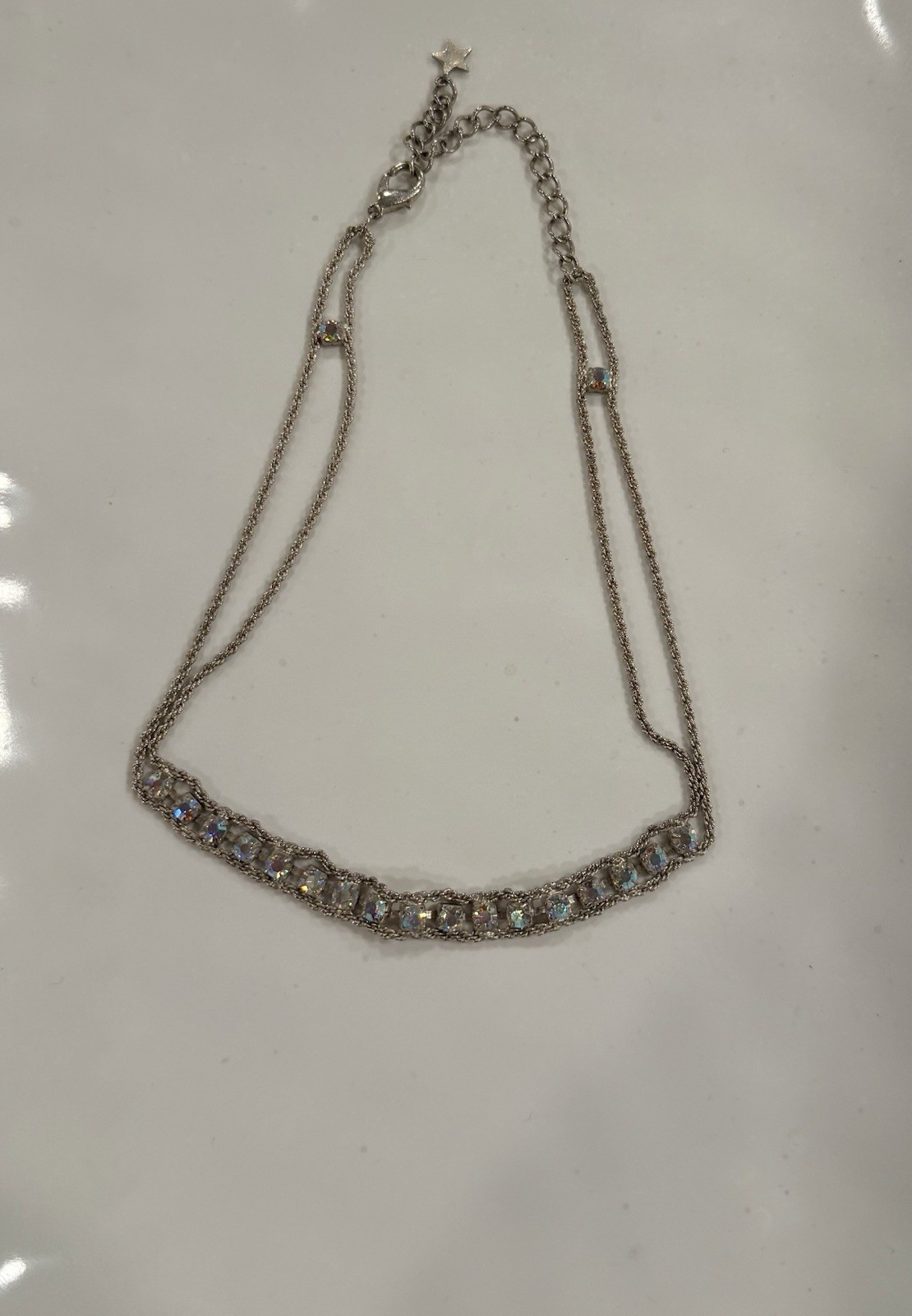 Silver Tone Crystal Chain Necklace with Clear Round Stones Lobster Clasp