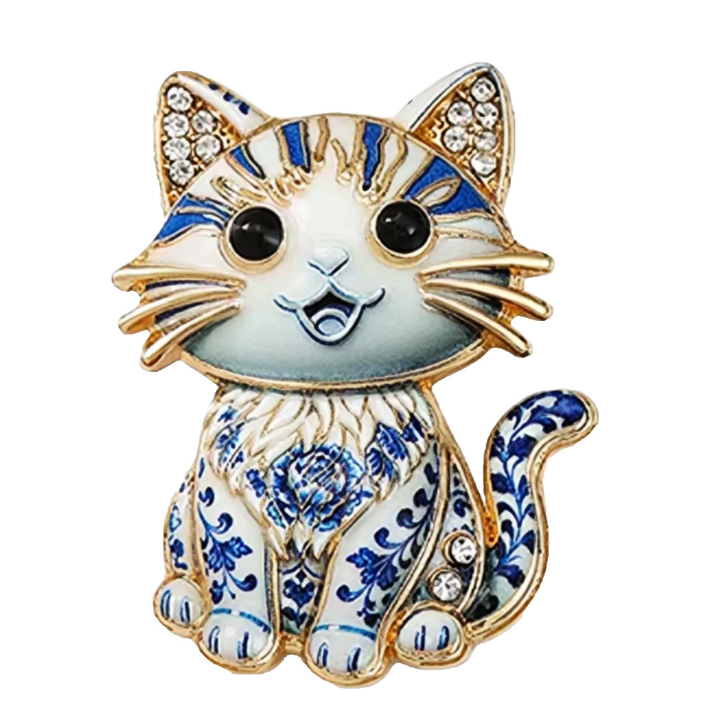 Blue Sitting Cat Flower Brooch Gold Rhinestone Kitten Pin Floral Jewelry Gift