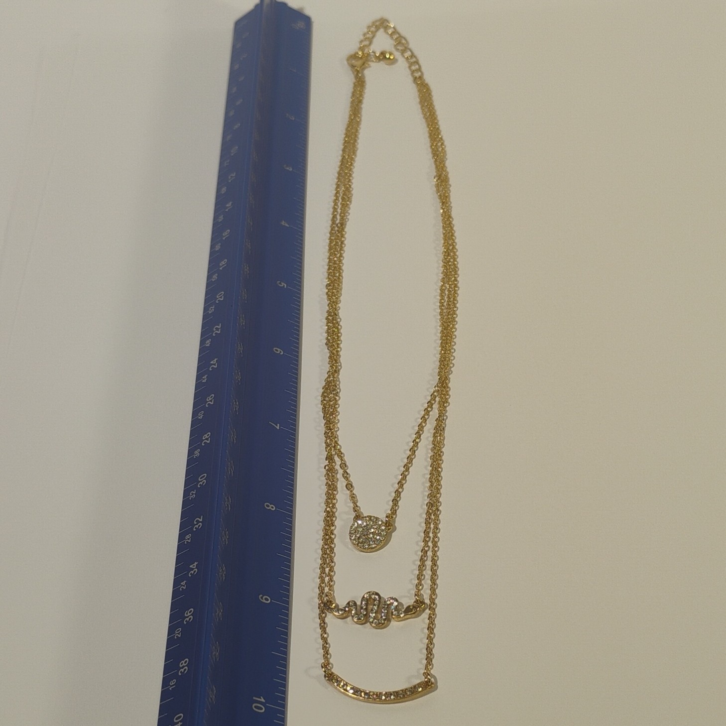 Gold-Tone Layered Cable Chain Necklace Pavé Rhinestone Charm Pendants Adjustable