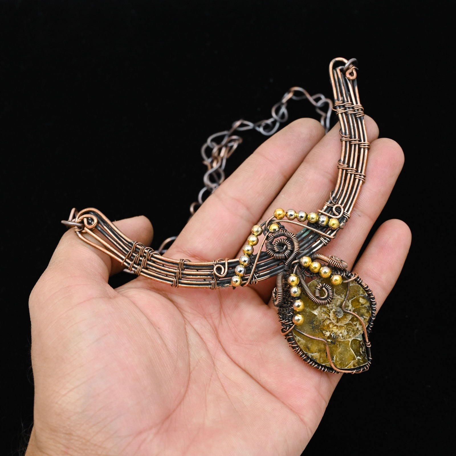 Copper Wire Wrapped Ammonite Pendant Necklace Artisan Handcrafted Necklace