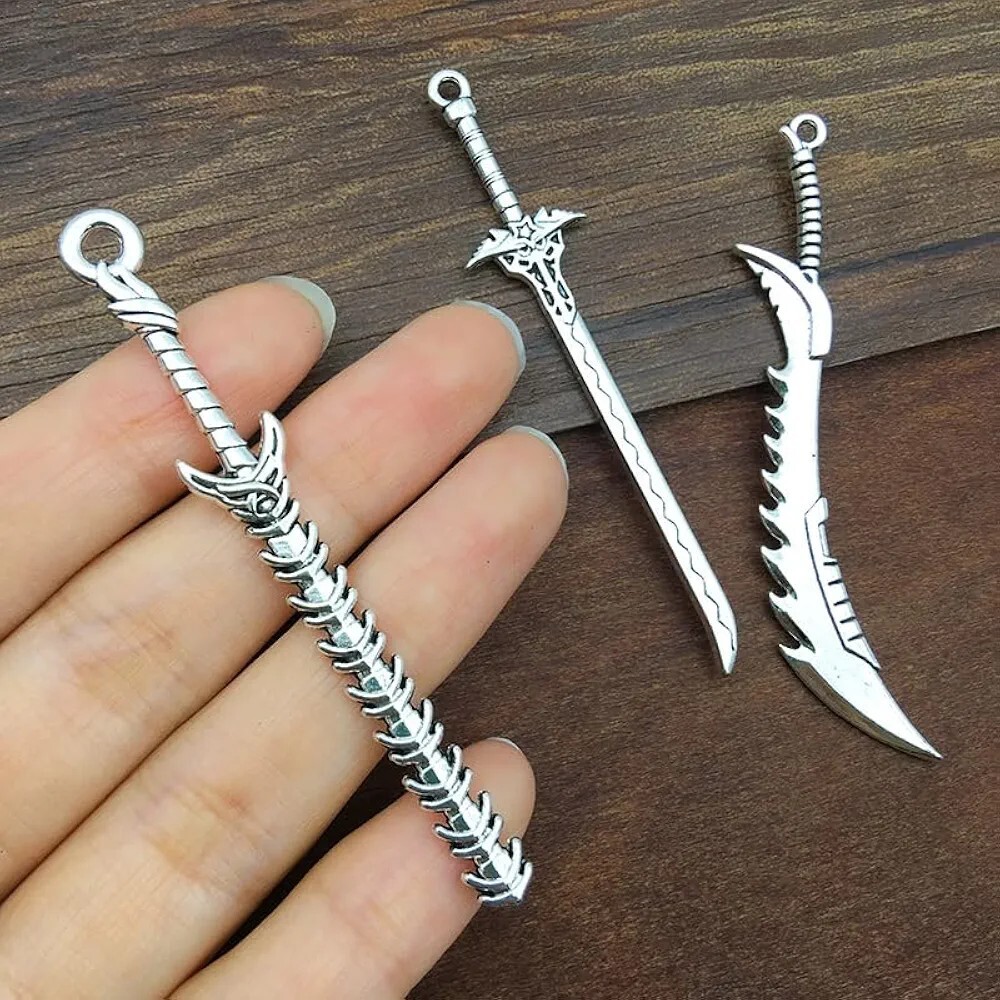 4 Large Sword Pendants Antiqued Silver Medieval Finding 2 Sided Focal 2″-4″