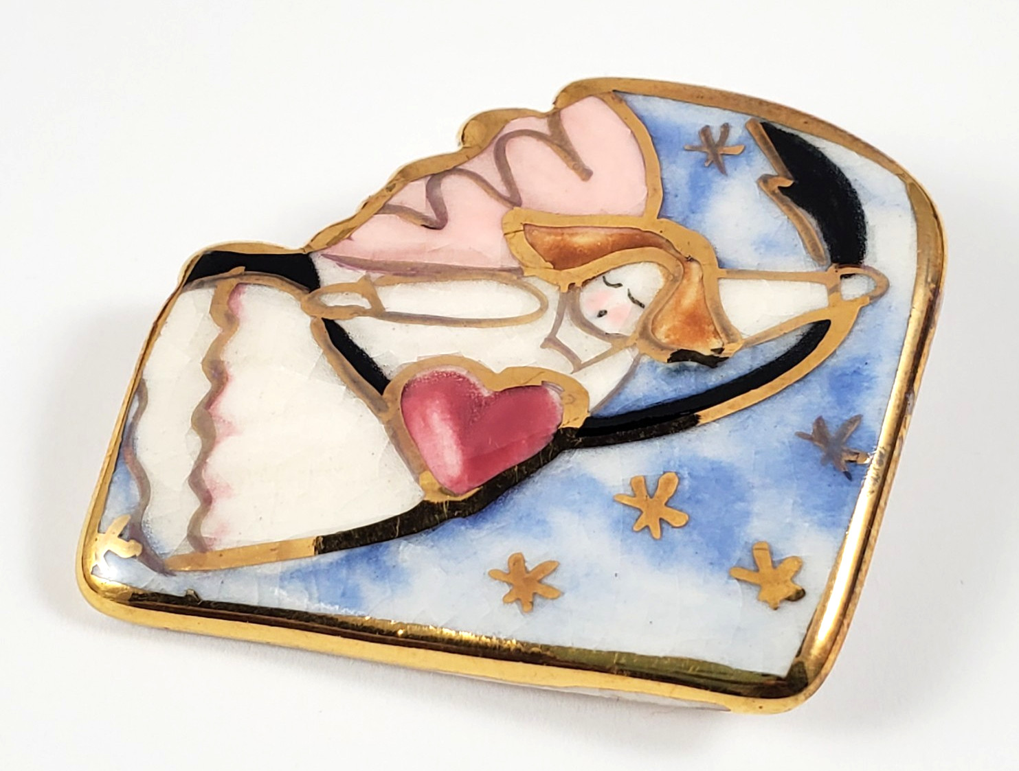Vintage Angel Multicolor Ceramic Enamel Brooch-Celestial Heart & Stars Pin