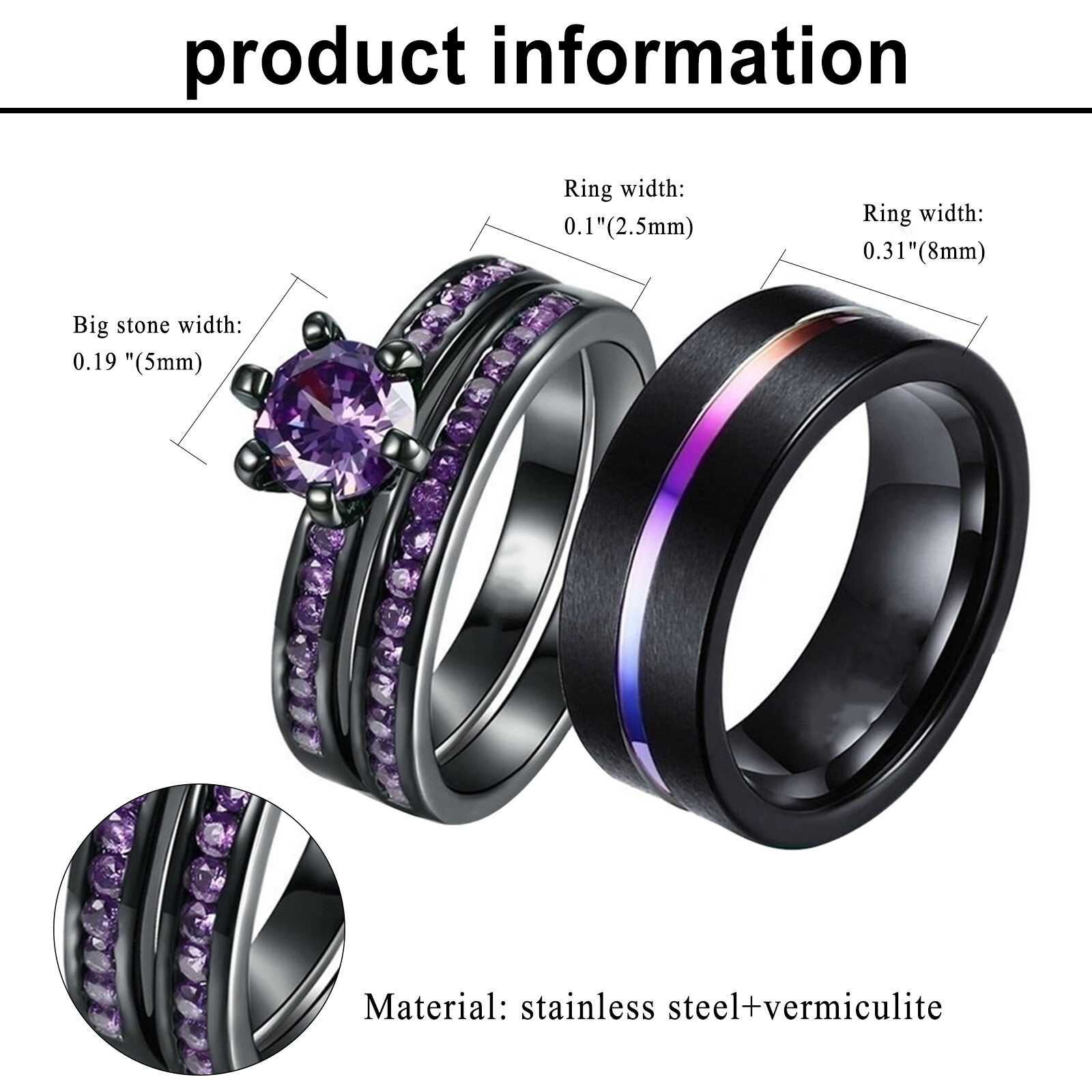 Couple Ring Set His&Hers Cubic Zirconia Stainless Steel Promise Stacking Band