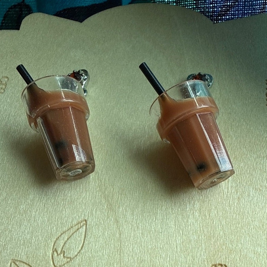 Boba Milk Tea Dangle Earrings Brown Sugar Bubble Tea Rhinestone Heart Studs