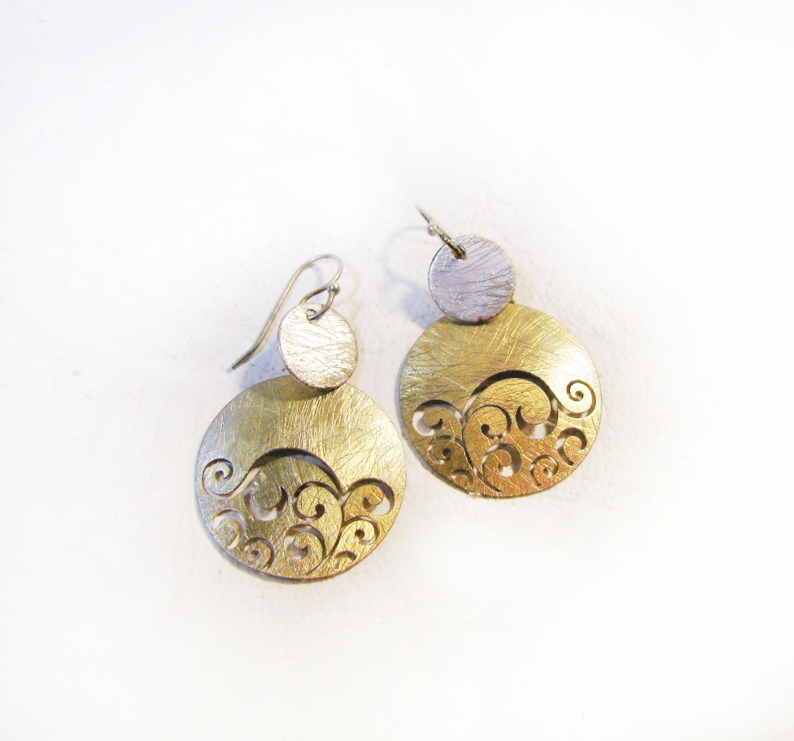 Nice Brushed Aluminum Artisan Boho Two Tone Dangle Earrings