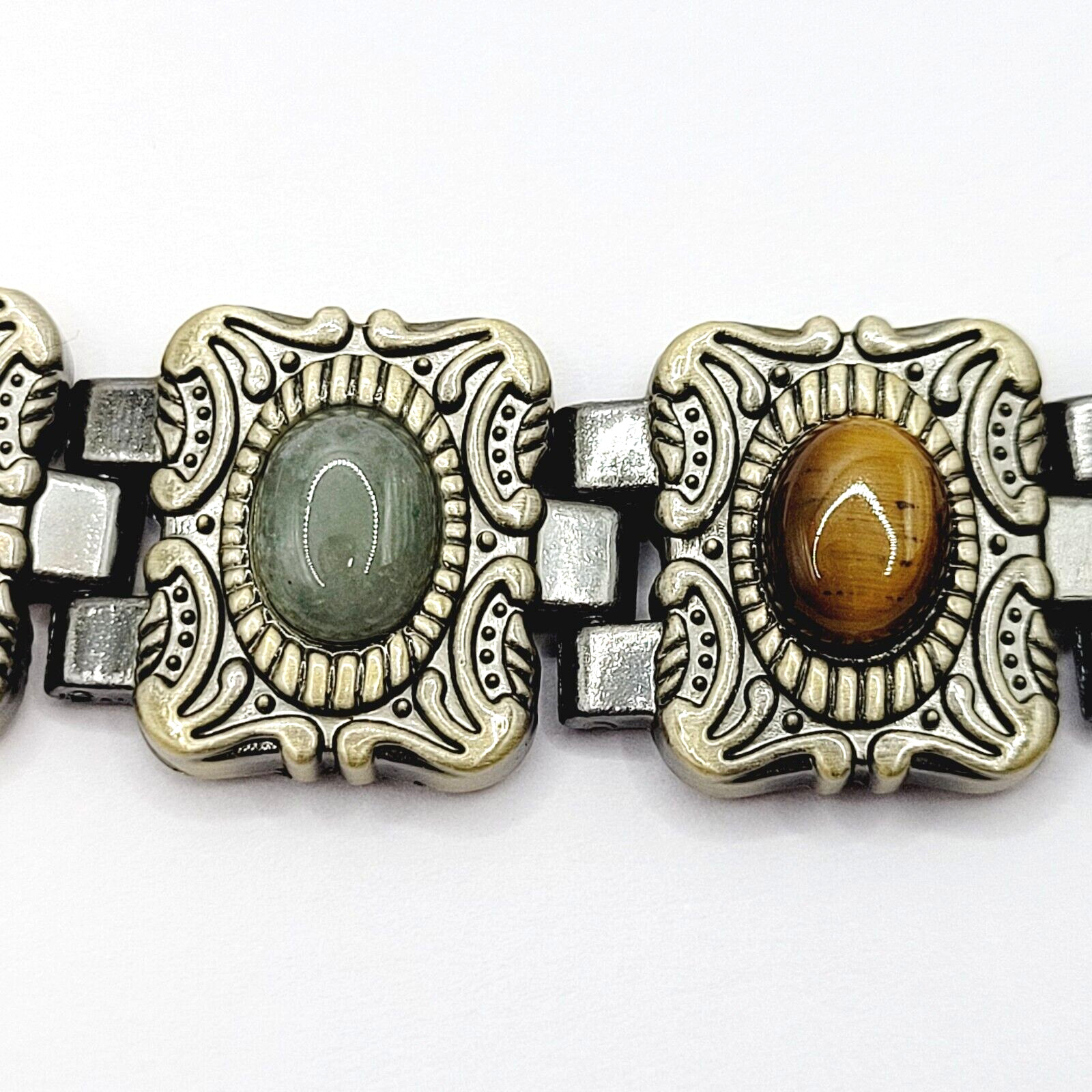 Ornate Western Style Multi Color Faux Gemstone Muted Gold Silver Tone Bracelet