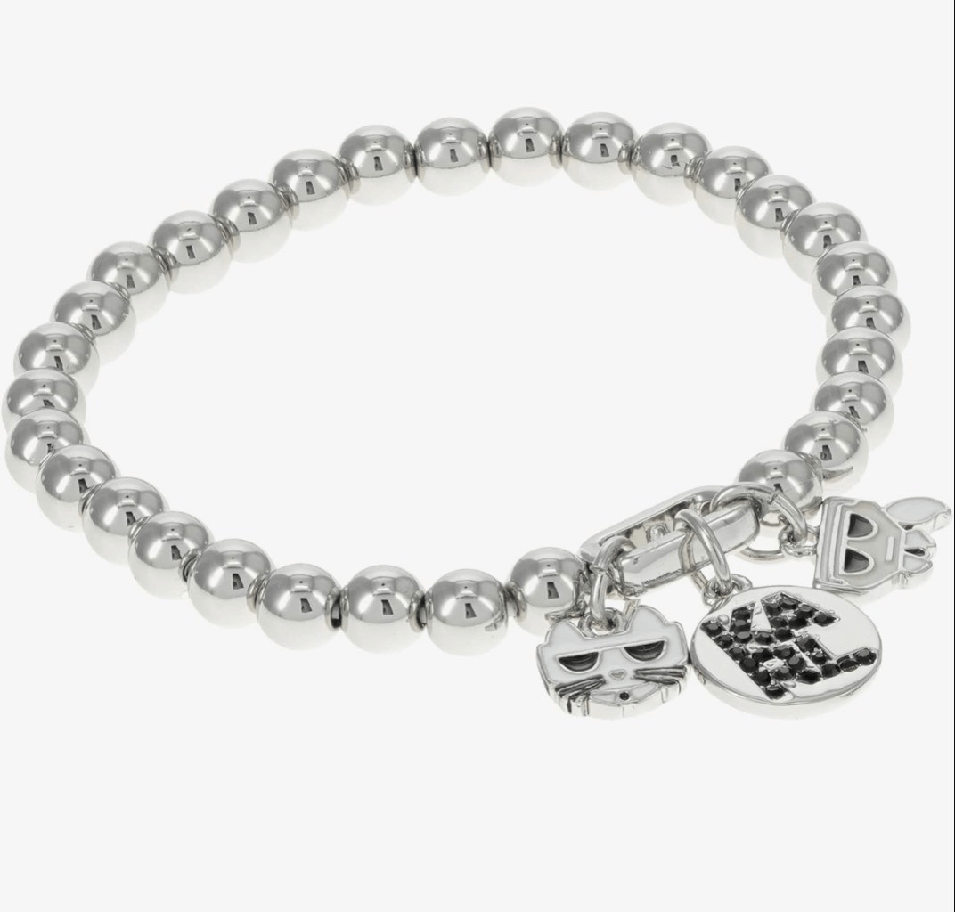 Karl Lagerfeld Paris Beaded Charm Stretch Bracelet Rhodium Zinc Brass OS NWT
