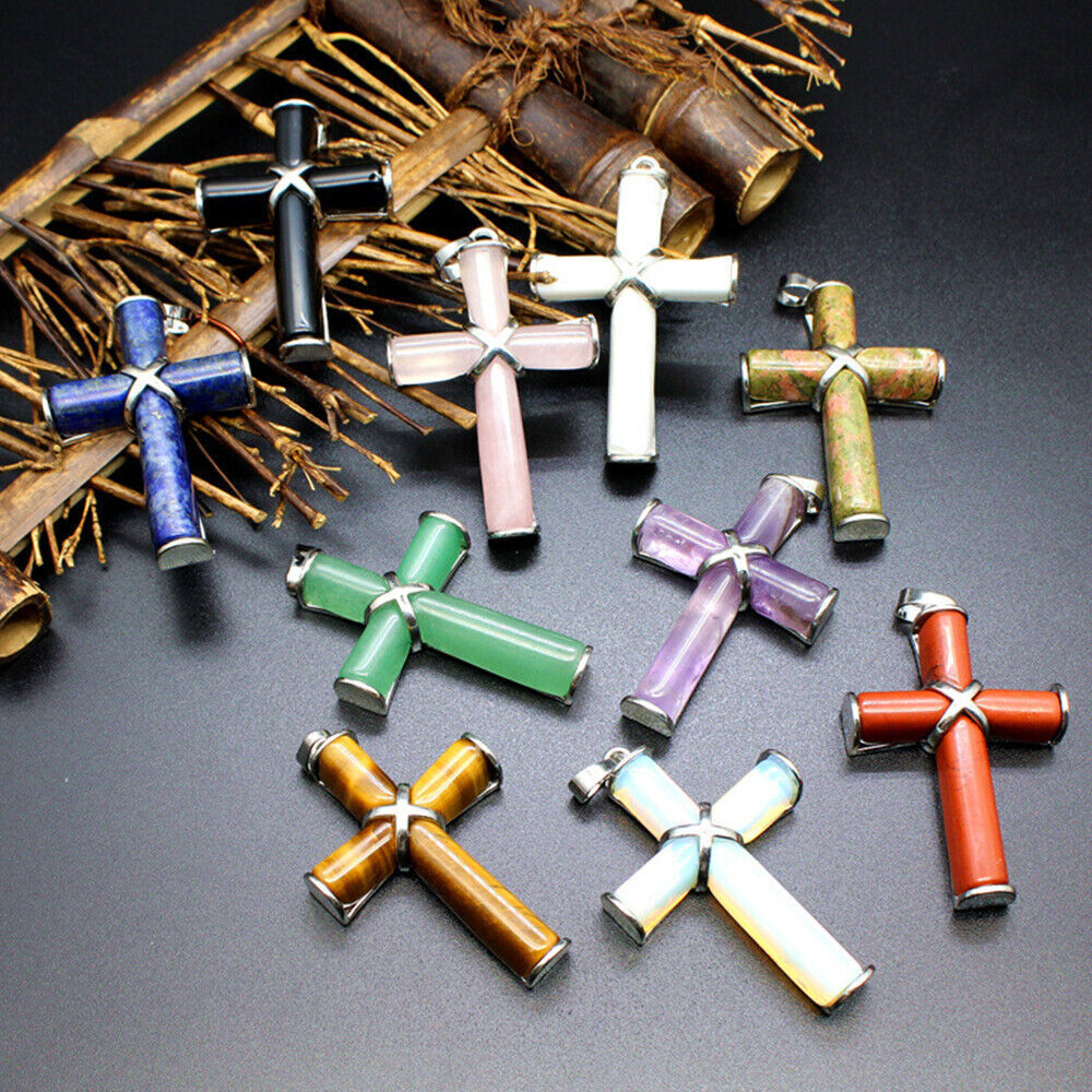 Natural Crystal Healing Gems Cross Pendant Necklace Chakra Amulet Energy Reiki