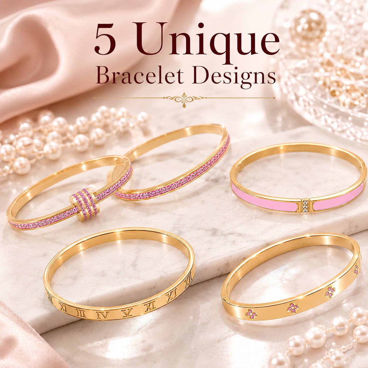 5pc Gold Pink Zirconia Bangle Bracelet Set Stainless Steel Jewelry Gift