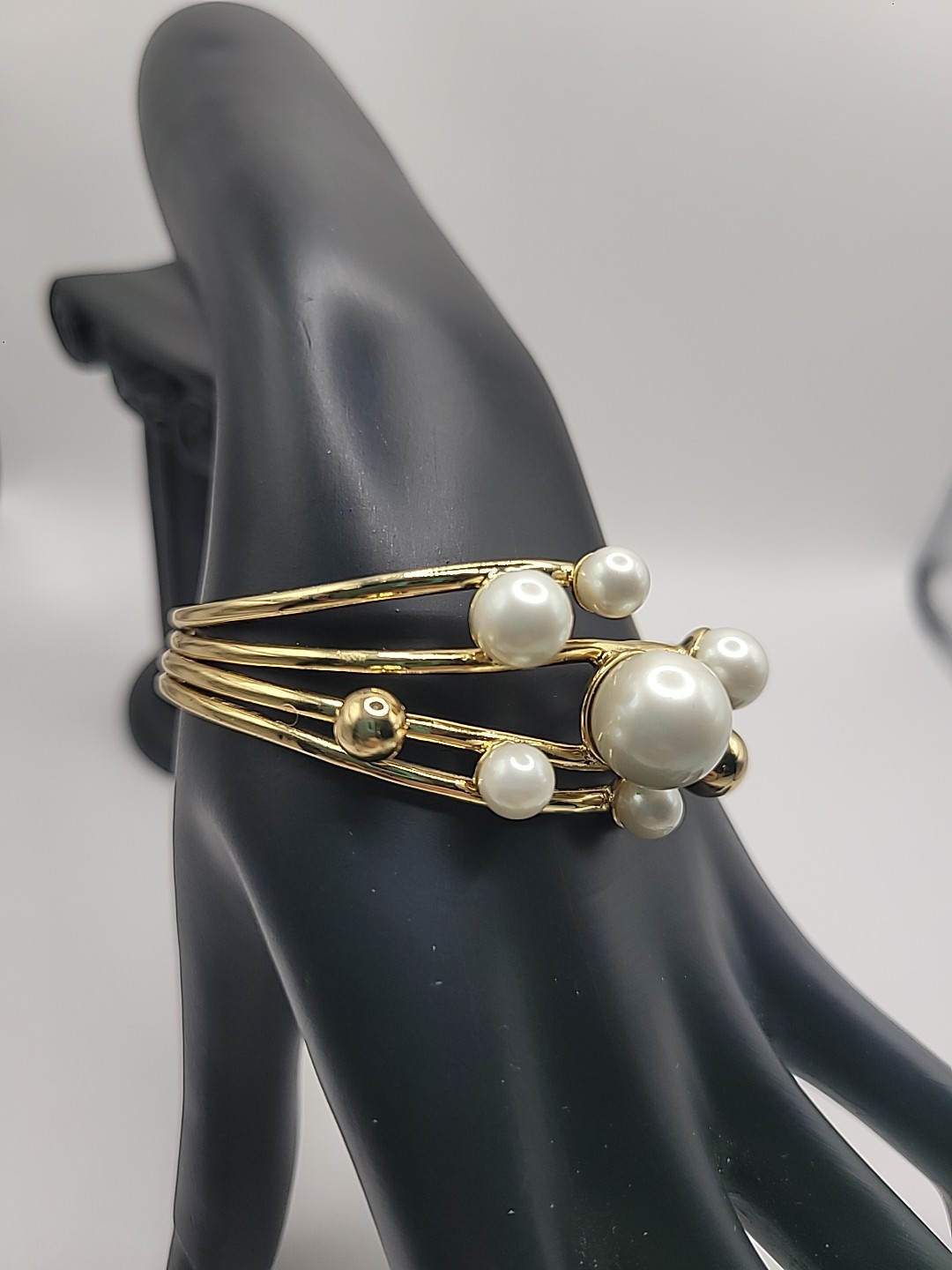 Gold Tone Faux Pearl Cuff Bracelet Multi Strand Open Bangle Statement Elegant