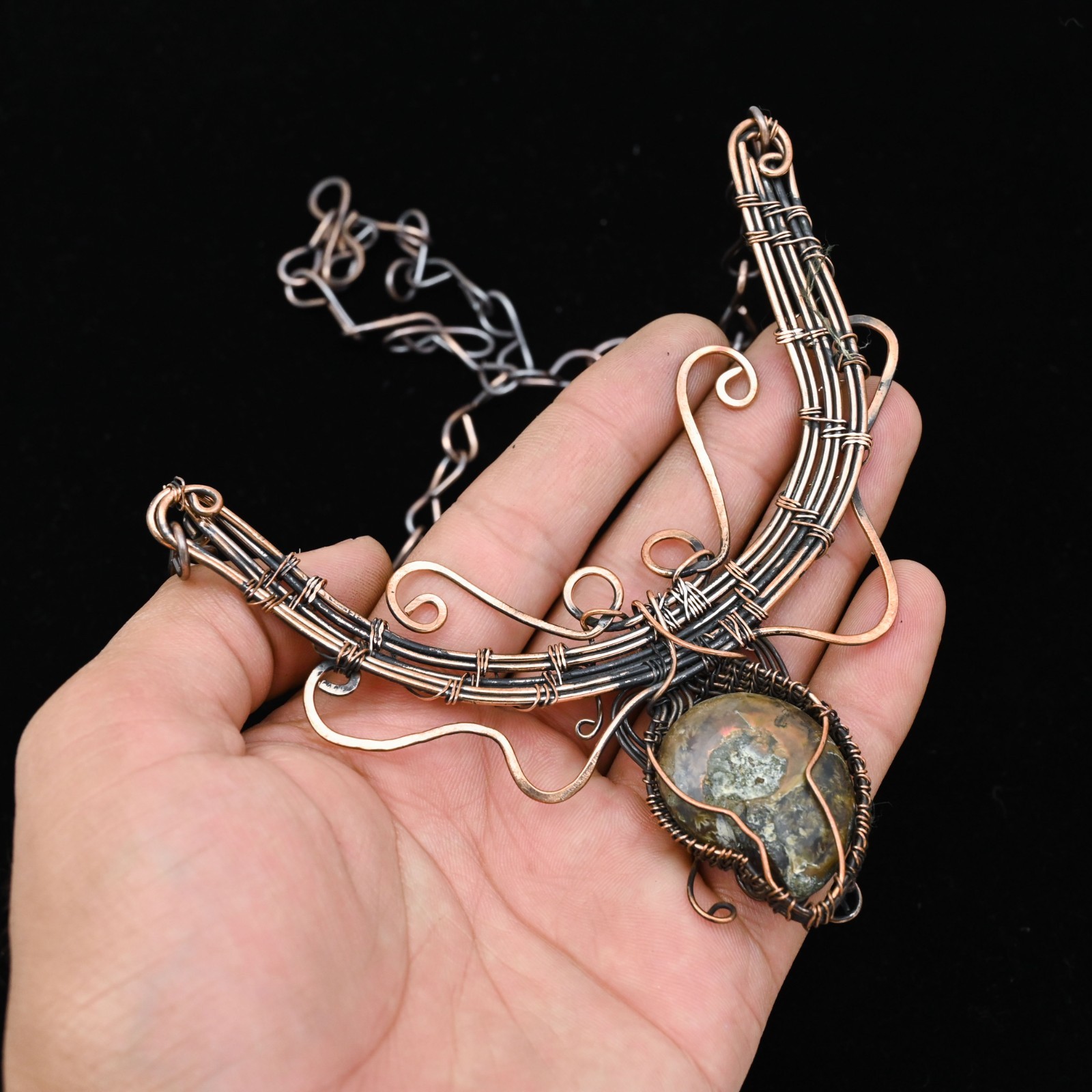 Copper Wire Wrapped Ammonite Pendant Necklace Artisan Handcrafted Necklace