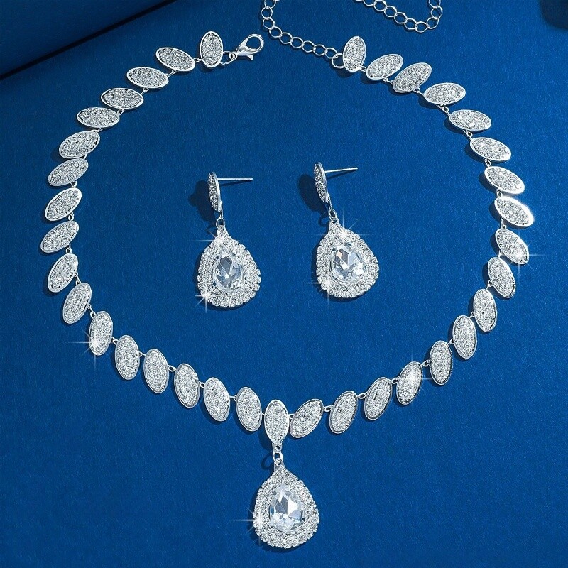 Purple/Clear/Blue Crystal Rhinestone Oval Teardrop Necklace Earrings Jewelry Set