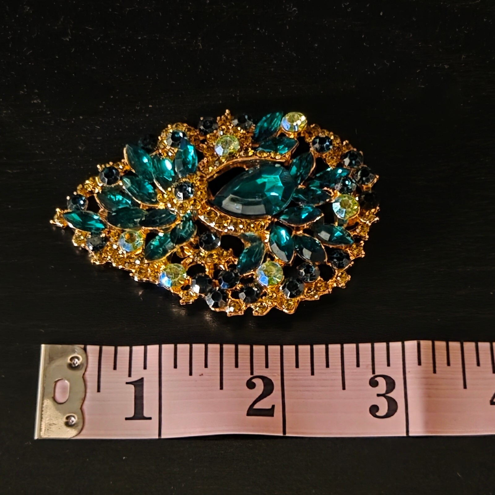 Green Rhinestone Gold Tone Floral Leaf Brooch Regal Fairy Glam