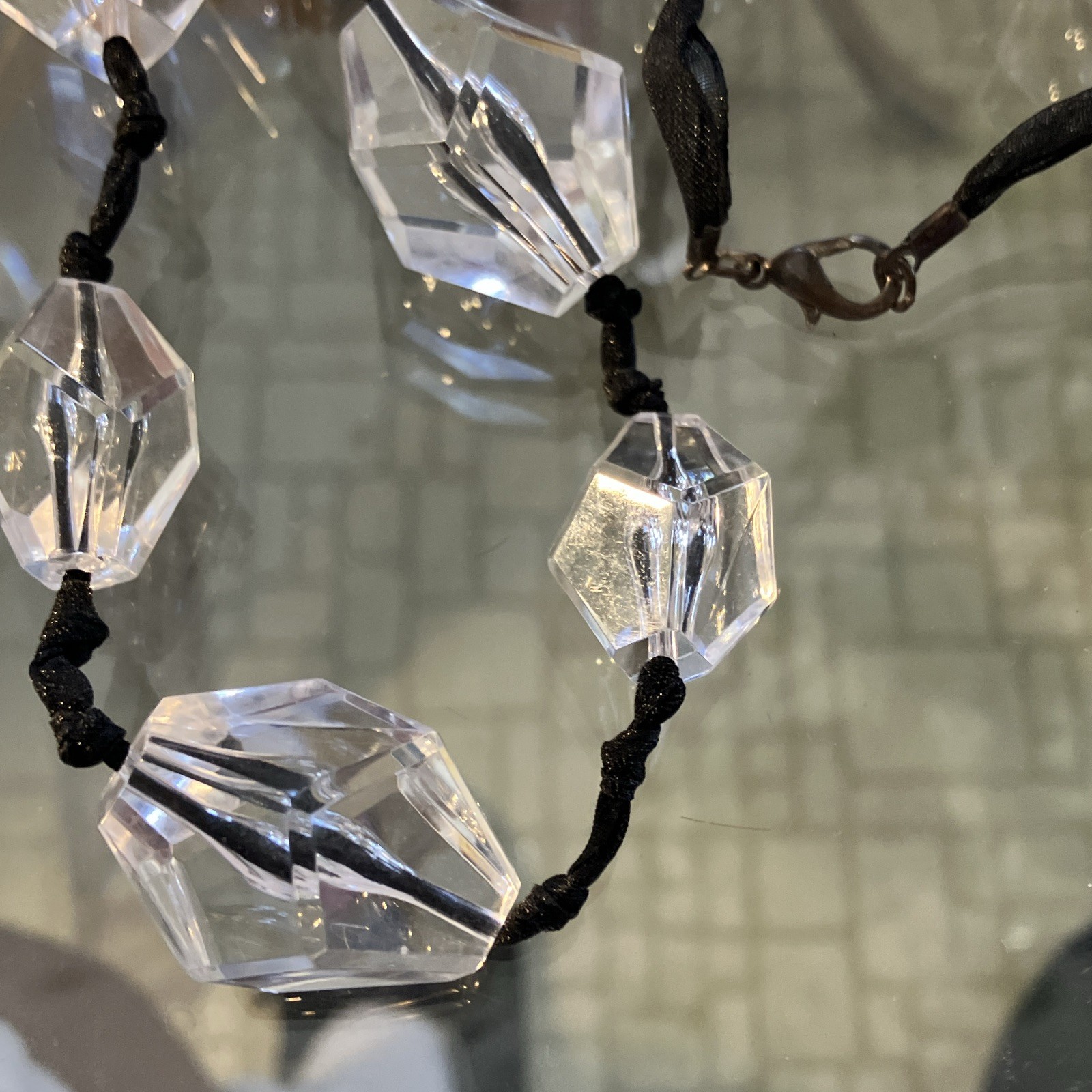 36” Clear Crystal Bicone Beaded Necklace Black Cord Spring Ring Clasp