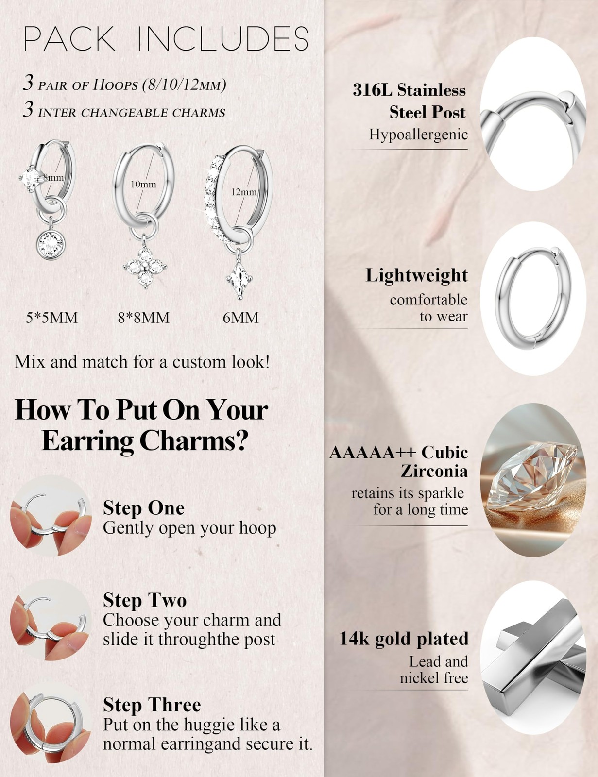 18 PCS Single Cartilage Varies (0.8mm, 6mm, 8mm, 10mm, 12mm, 5mm), Silver