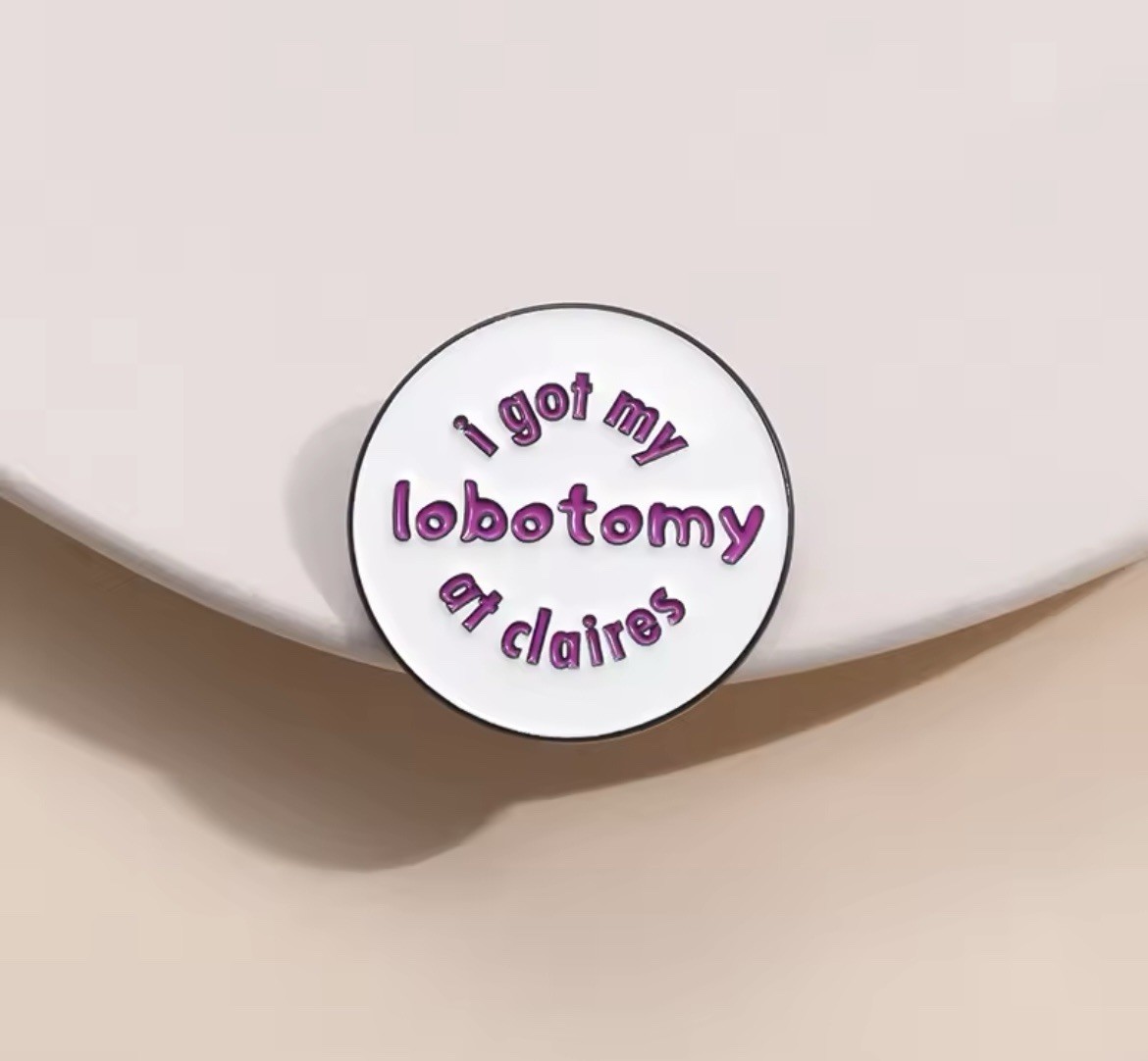Claire’s Lobotomy Style 1pc Pin Rubber Back Claire’s White Pink FREE SHIPPING