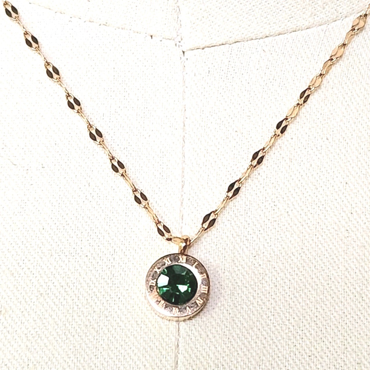 Green CZ Dot Pendant Necklace Gold Tone Stainless Steel Roman Numeral Clock