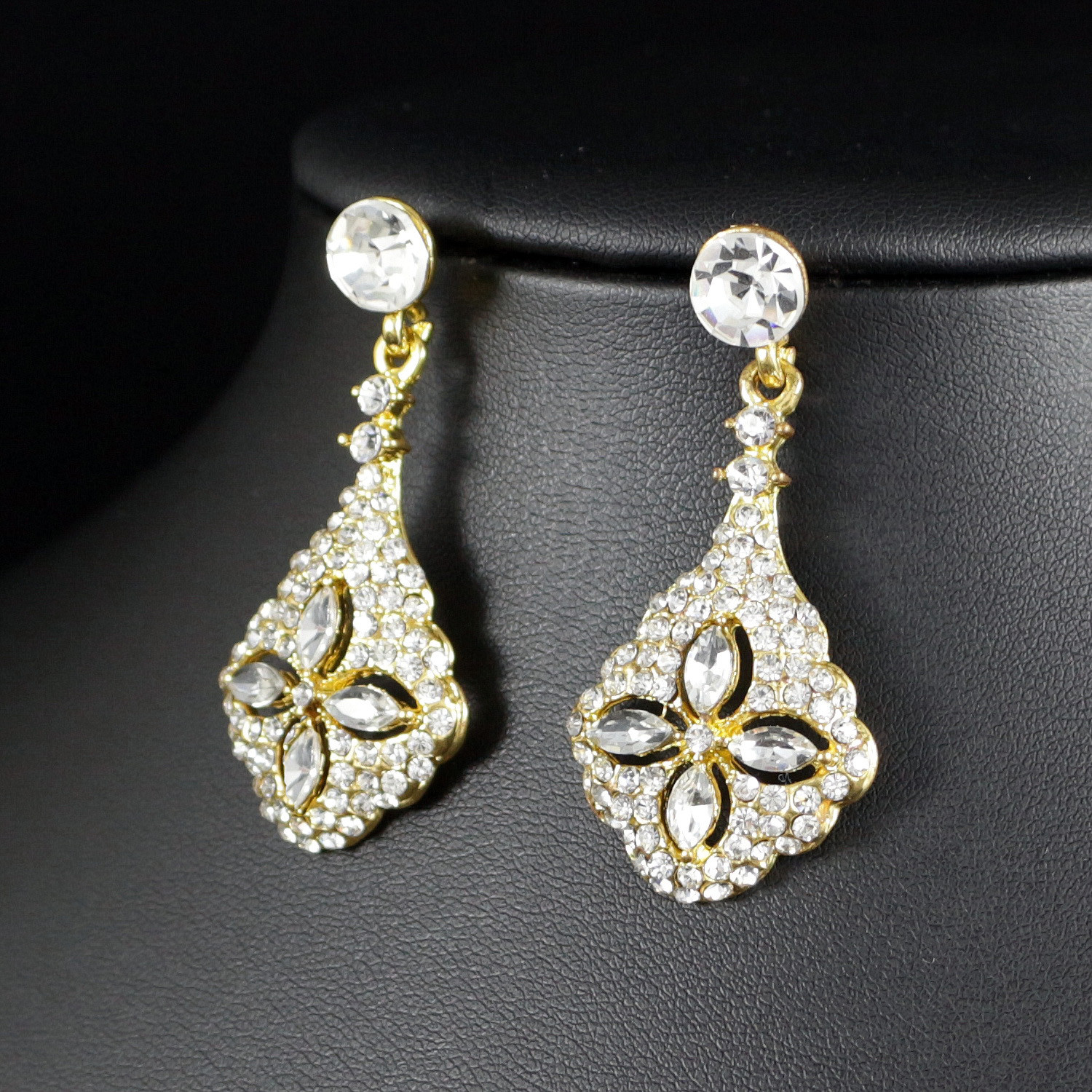 Ice Flower Gold Austrian Crystal Rhinestone Dangle Earrings Bridle Prom E30g