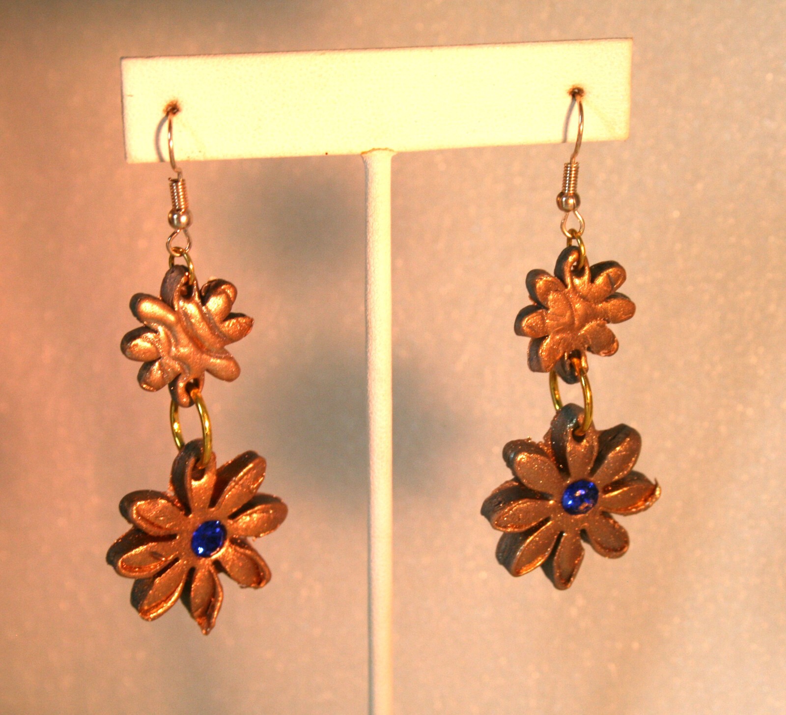 Gold tone golden & gray daisy, blue crystal polymer clay dangle earrings 2 1/2″