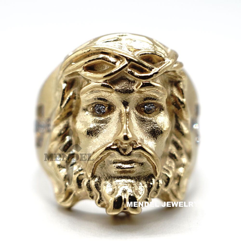 MENDEL Mens Gold Plated Cross Jesus Christ Face Ring Stainless Steel Size 7-15