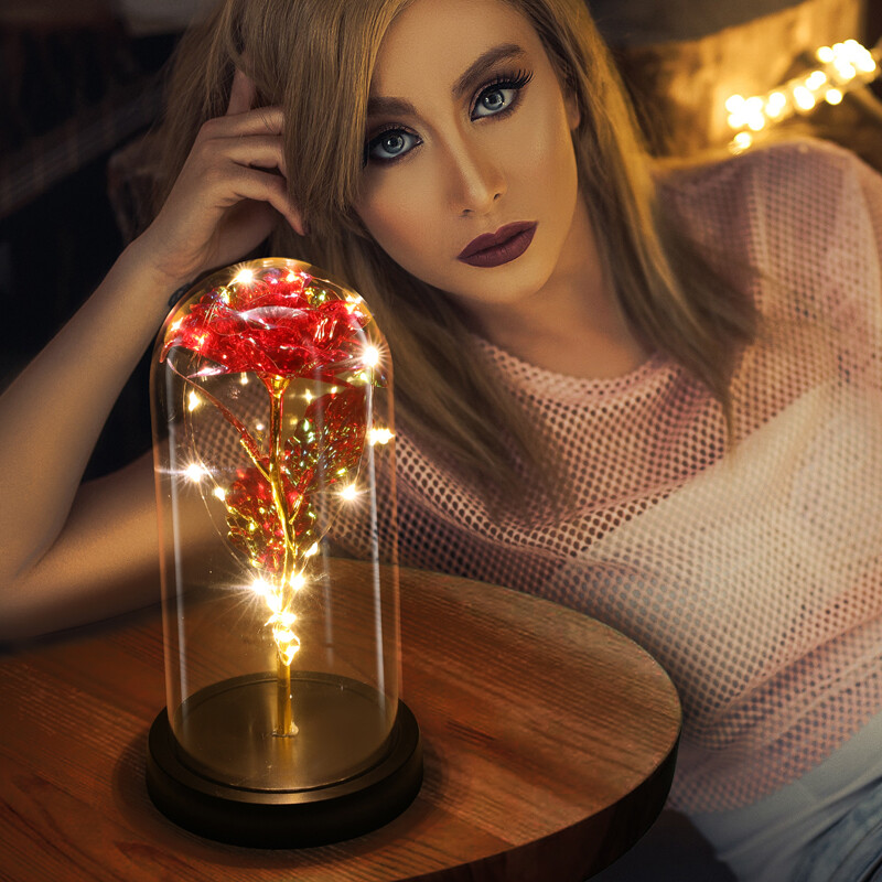 Preserved Eternal Gold Foil Rose In Glass Galaxy Flower Dome LED Light Gift Her
