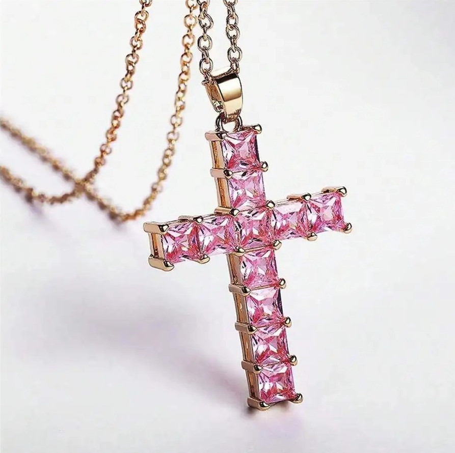1pc Gold Crystal Jesus Cross Pendant Necklace Man Women Fashion Jewelry – NEW