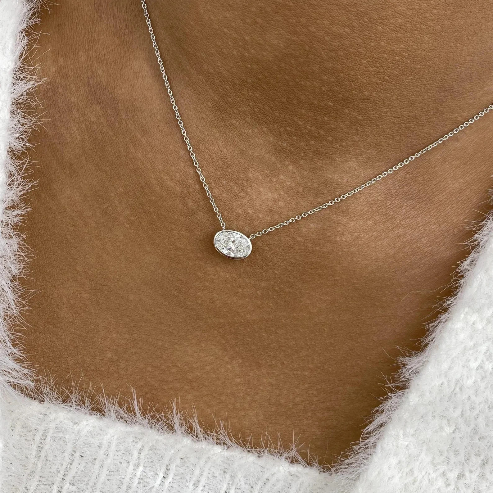 1.00 Ct Oval EF VS Lab Grown Diamond Bezel Solitaire Necklace in 14K White Gold
