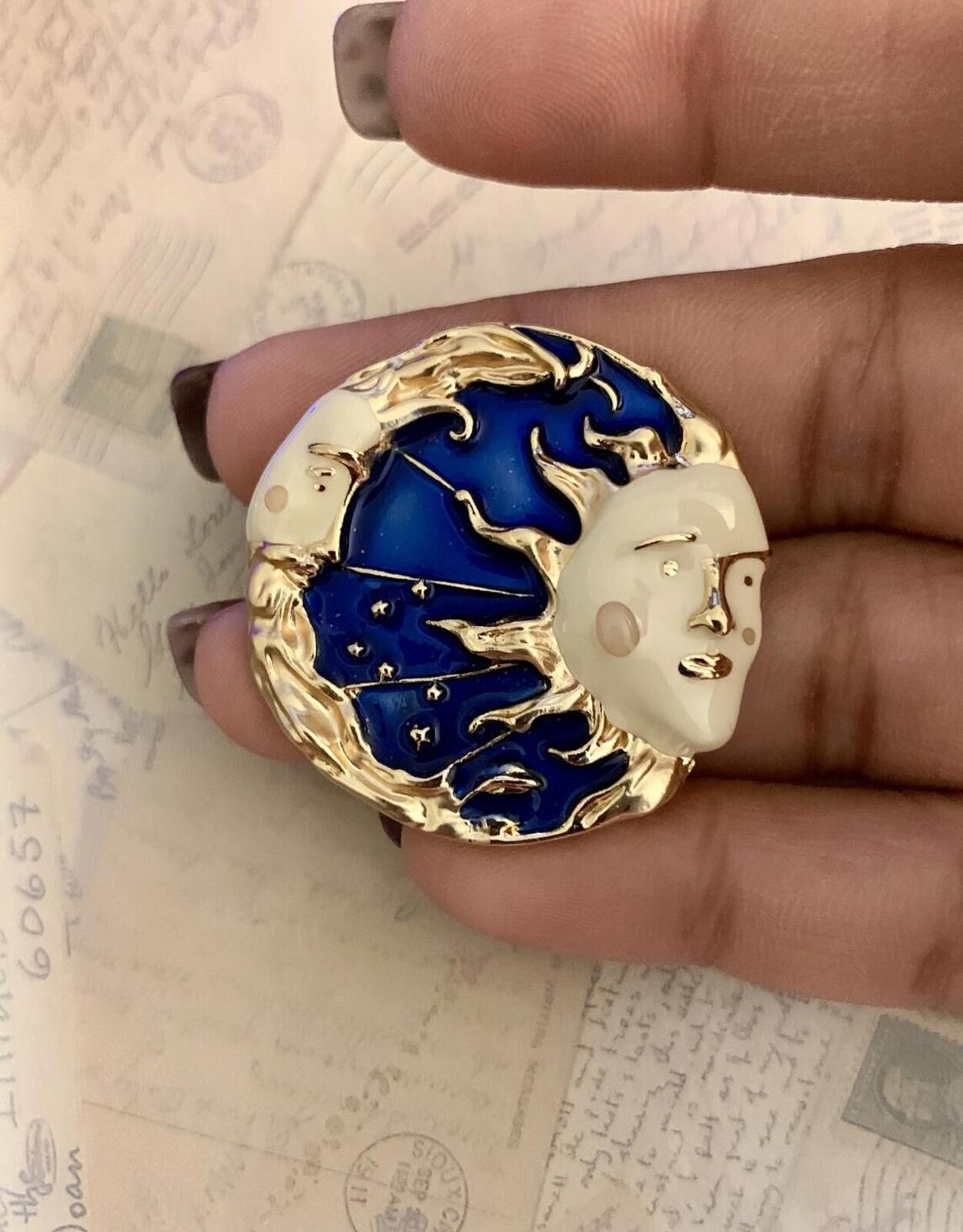 Celestial Sun Moon Blue Enamel Round Brooch