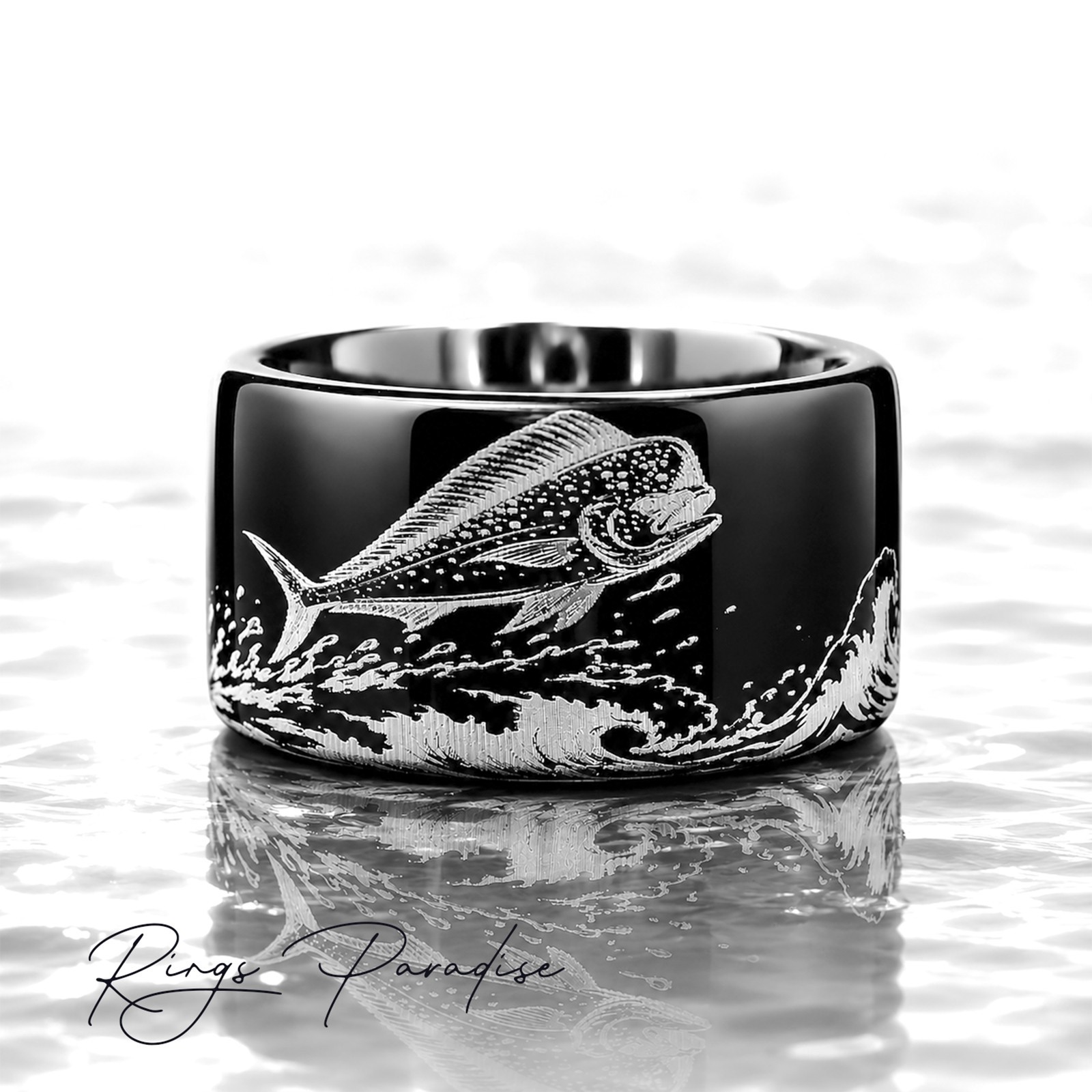 Mahi Mahi Ring | Black Tungsten Wedding Band Fishing Ring – 8mm,10mm,12mm