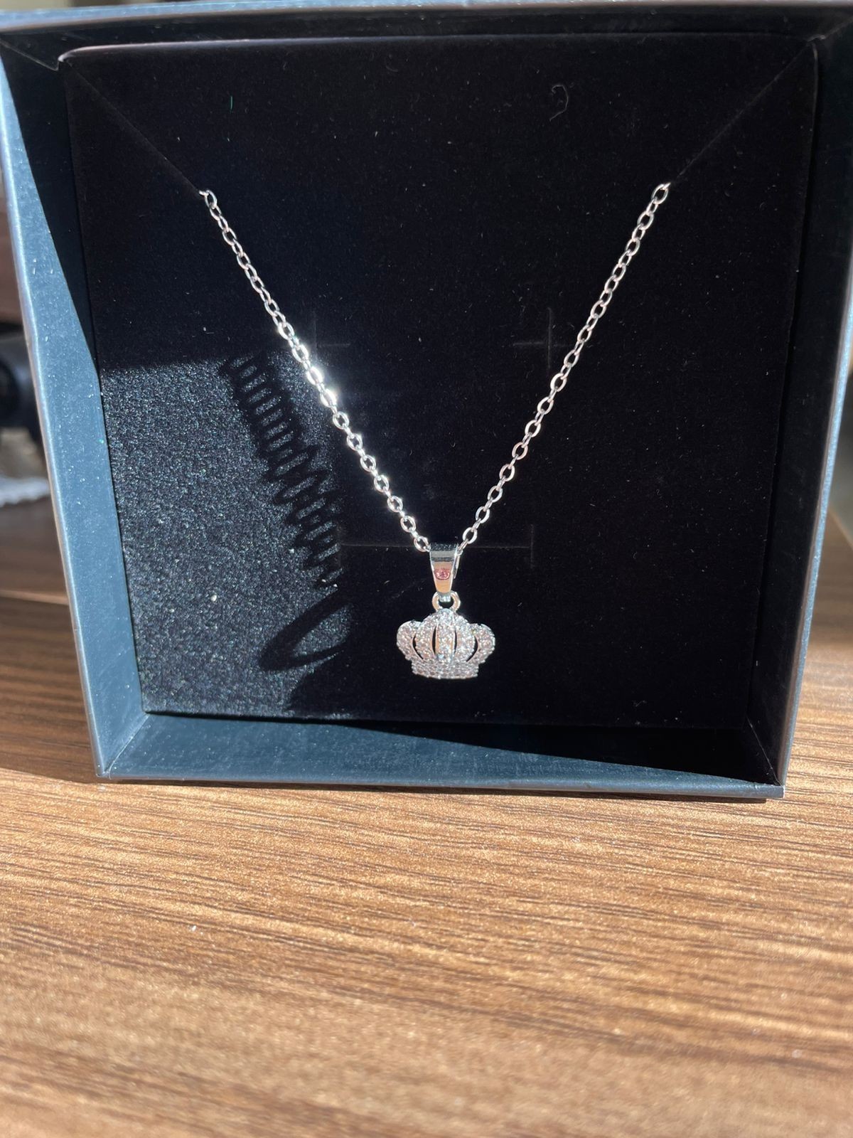 Silver Tone Crown Pendant Necklace Crystal Tiara Charm Chain Fashion Women Jewel
