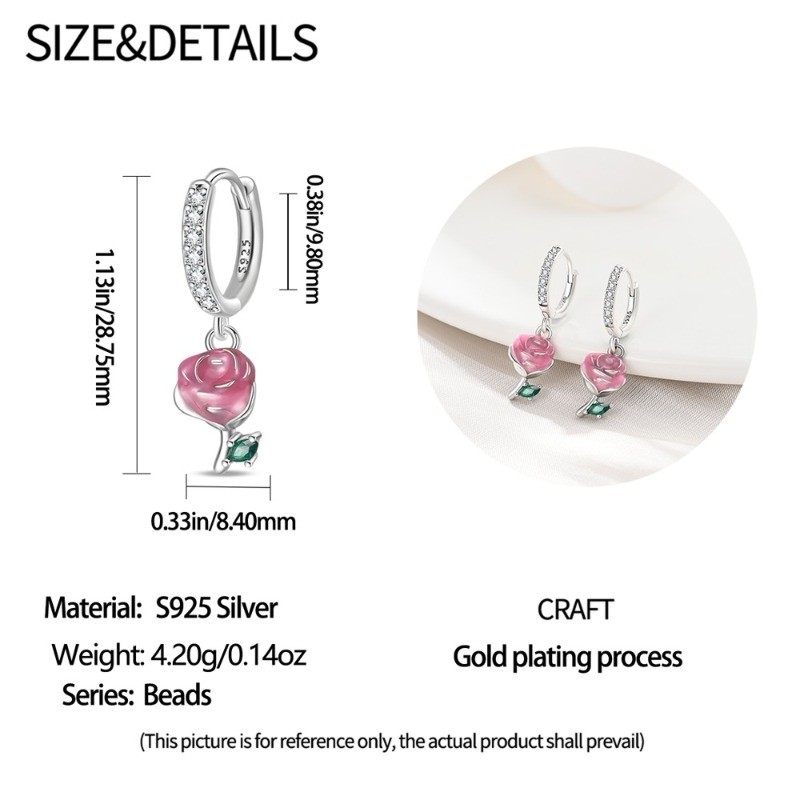 PANDACH 925 Sterling Silver Pink Rose Drop Earrings For Women Hoops Jewelry Gift