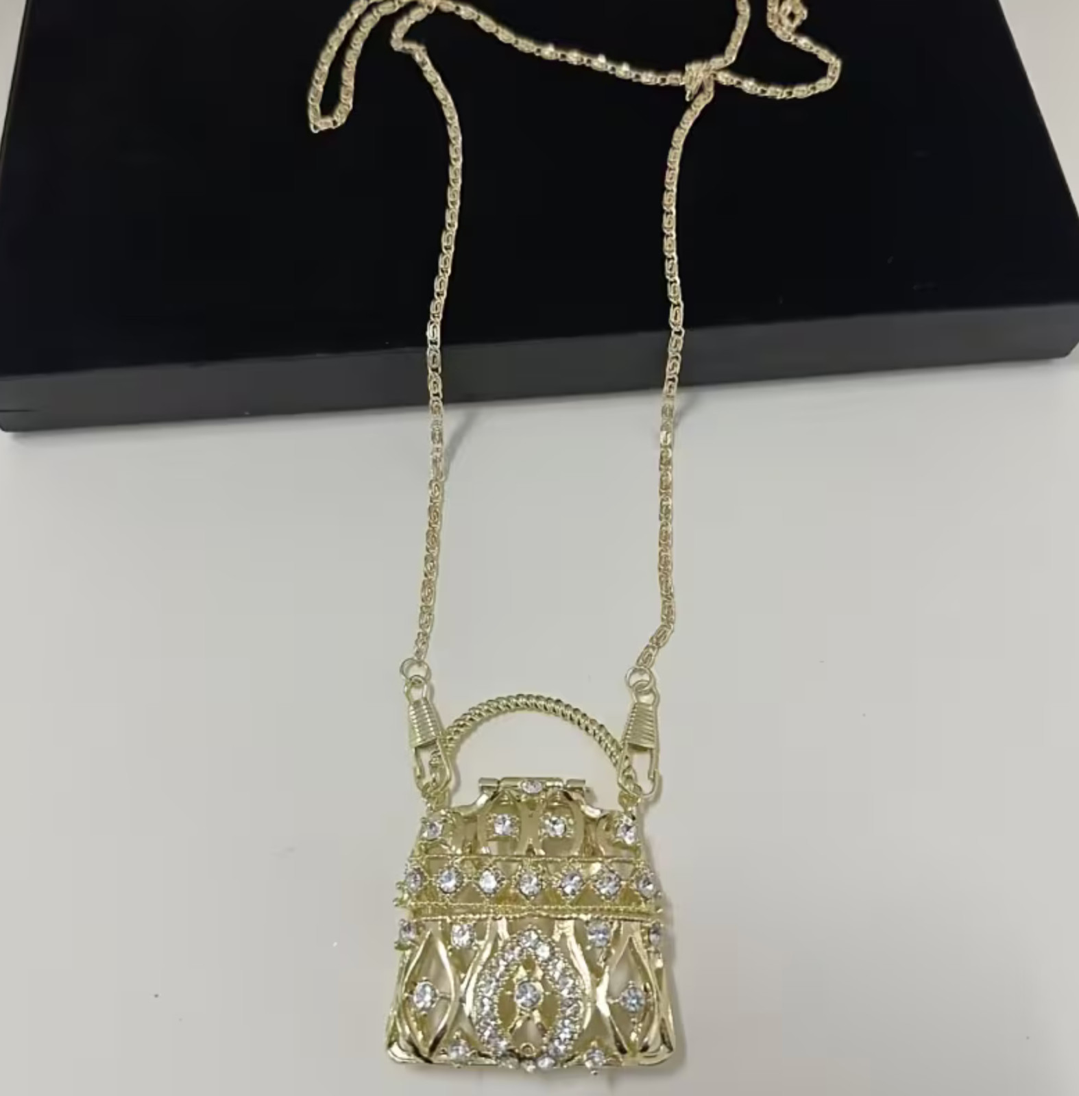 Mini Crystal Purse Pendant Necklace Gold Tone Long Chain Crossbody Handbag Charm