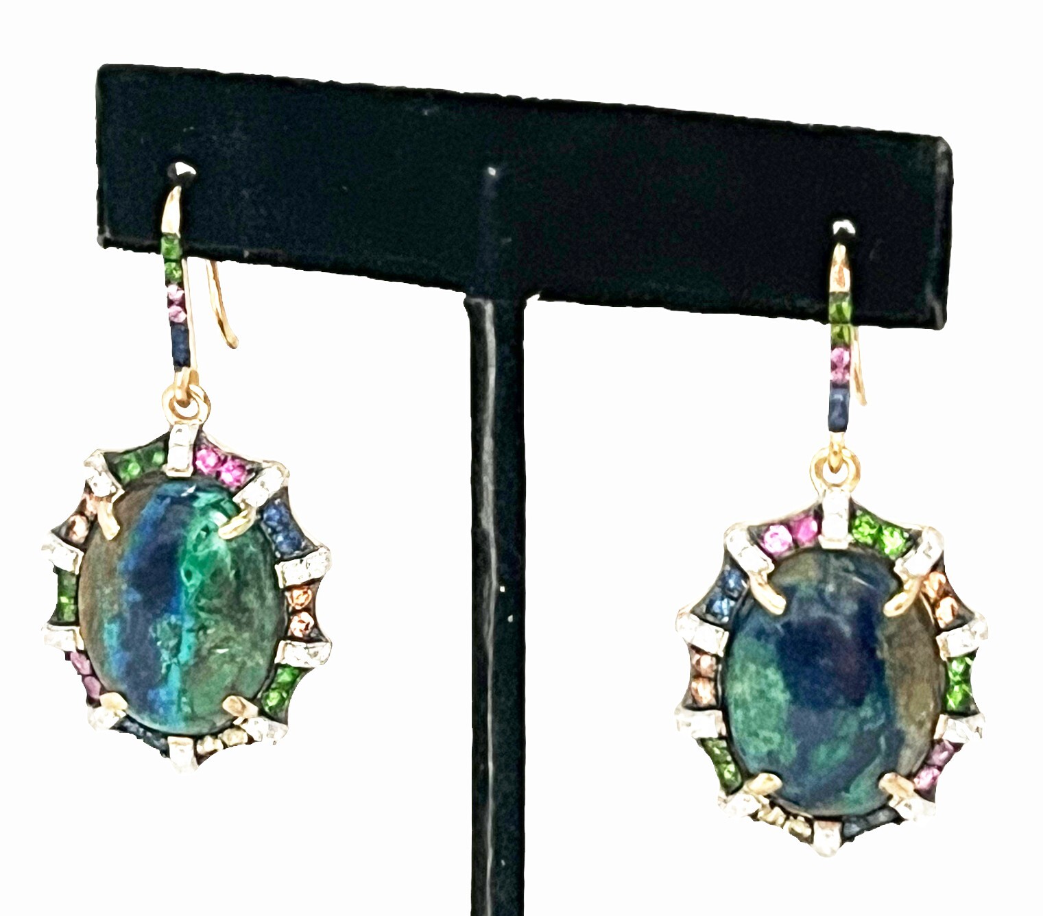 Rarities Azurite Malachite Sapphires Scalloped SS GoldClad Drop Earrings $599