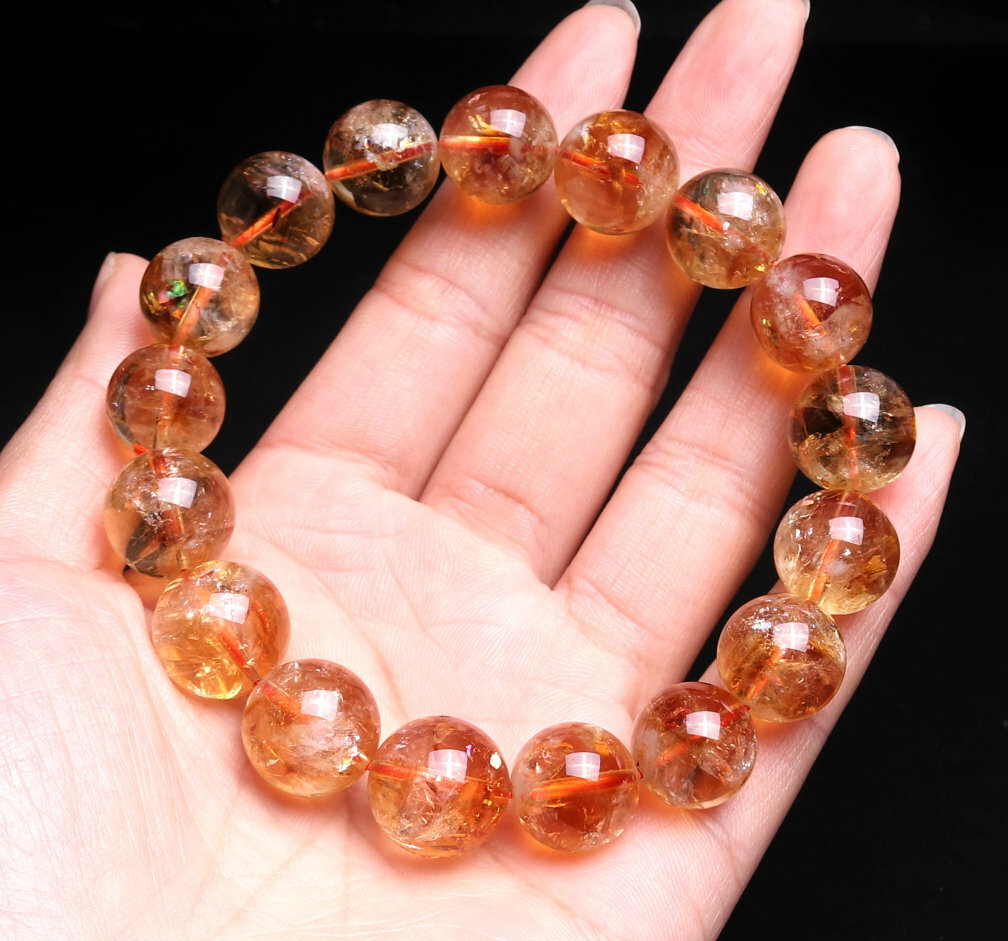 13.1mm Natural Yellow Pyramid Phantom Quartz Crystal Beads Bracelet C0216
