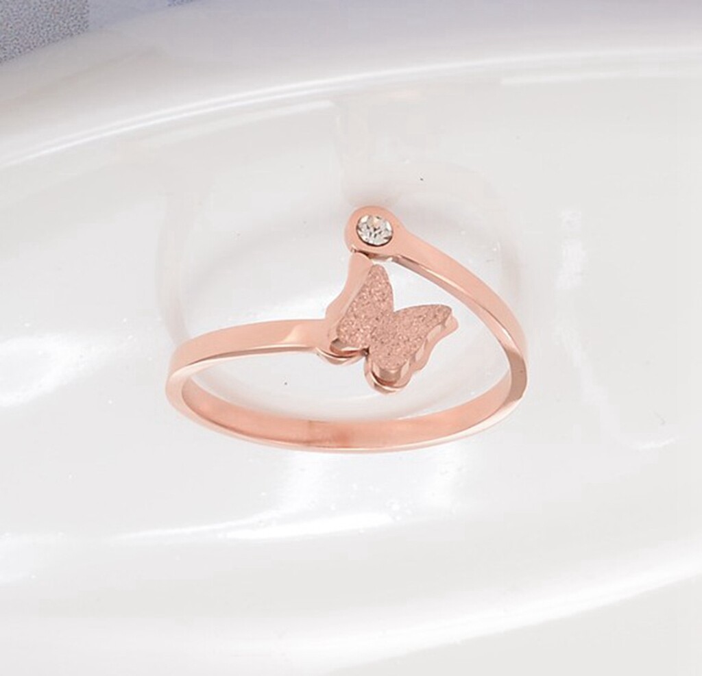 Women / Girl Gold Plated CZ Butterfly Adjust Titanium Stainless Steel Open Ring