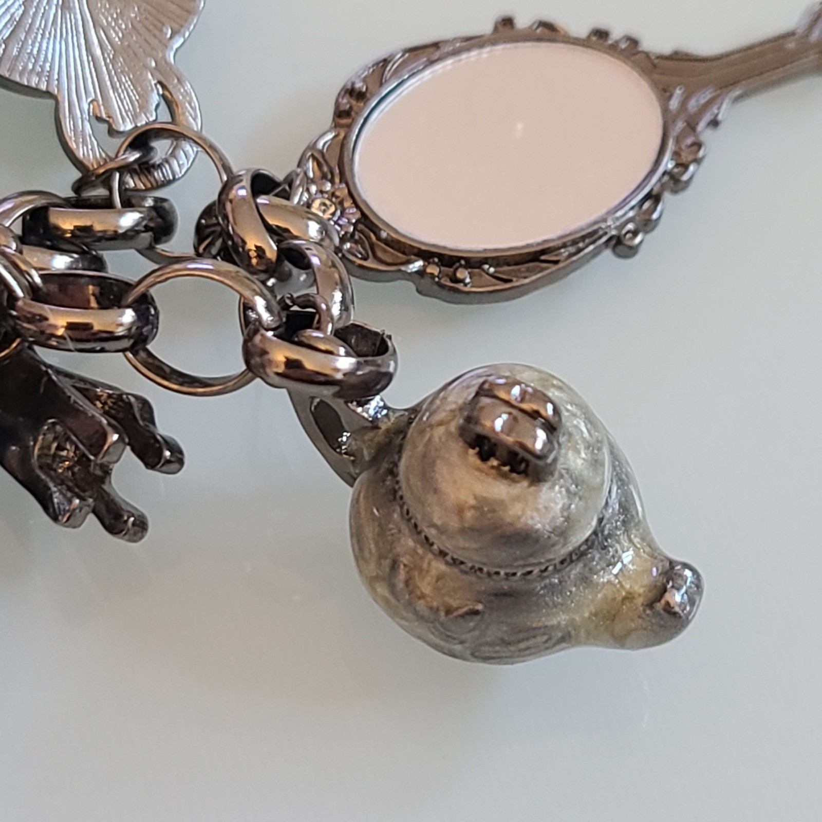 10″ Whimsical Fairytale Charm Bracelet Gunmetal Tone Teapot Frog Mirror Shoe Key